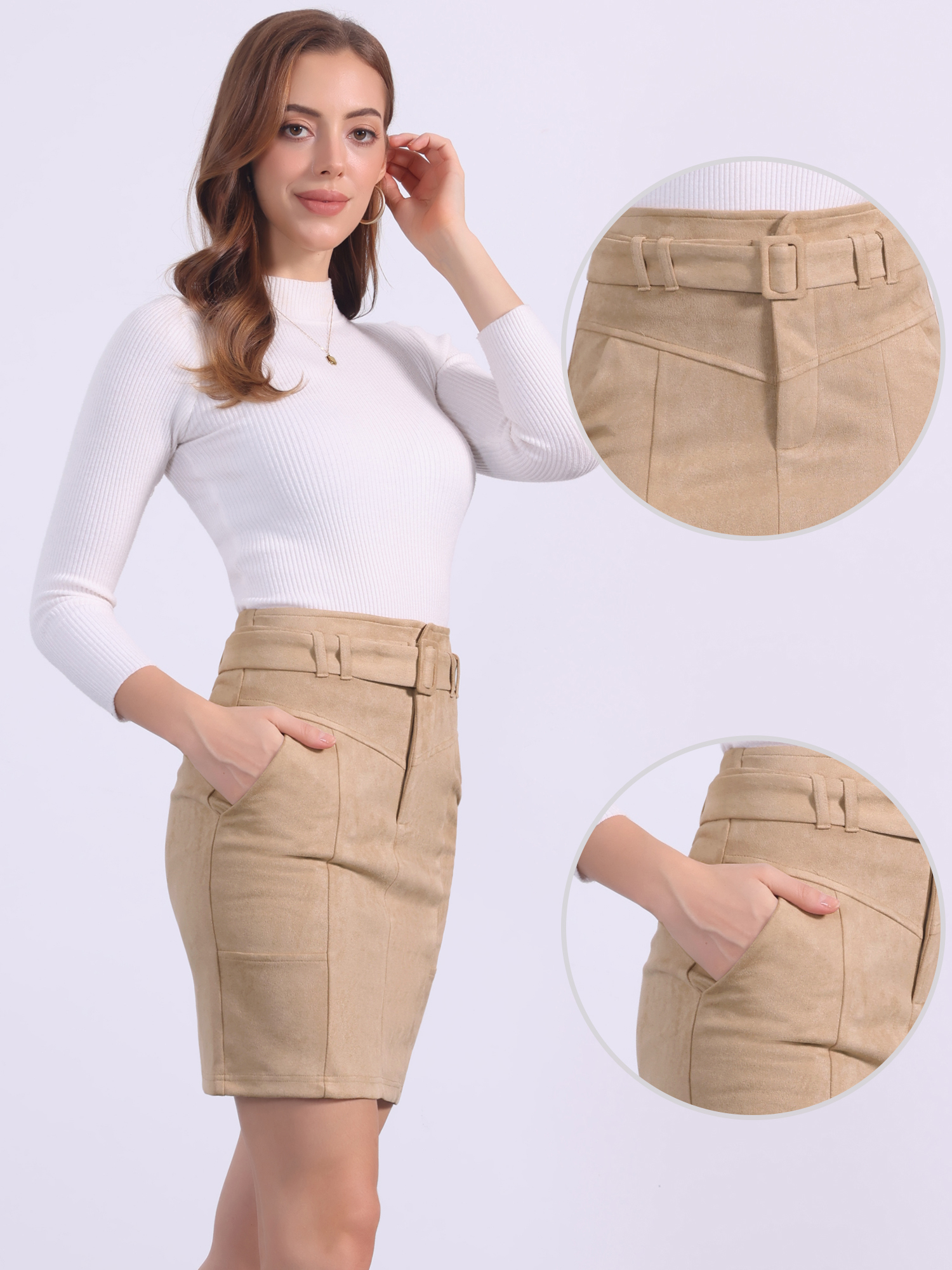 Faux Suede Casual High Waist Belted A-Line Mini Skirts Khaki/M