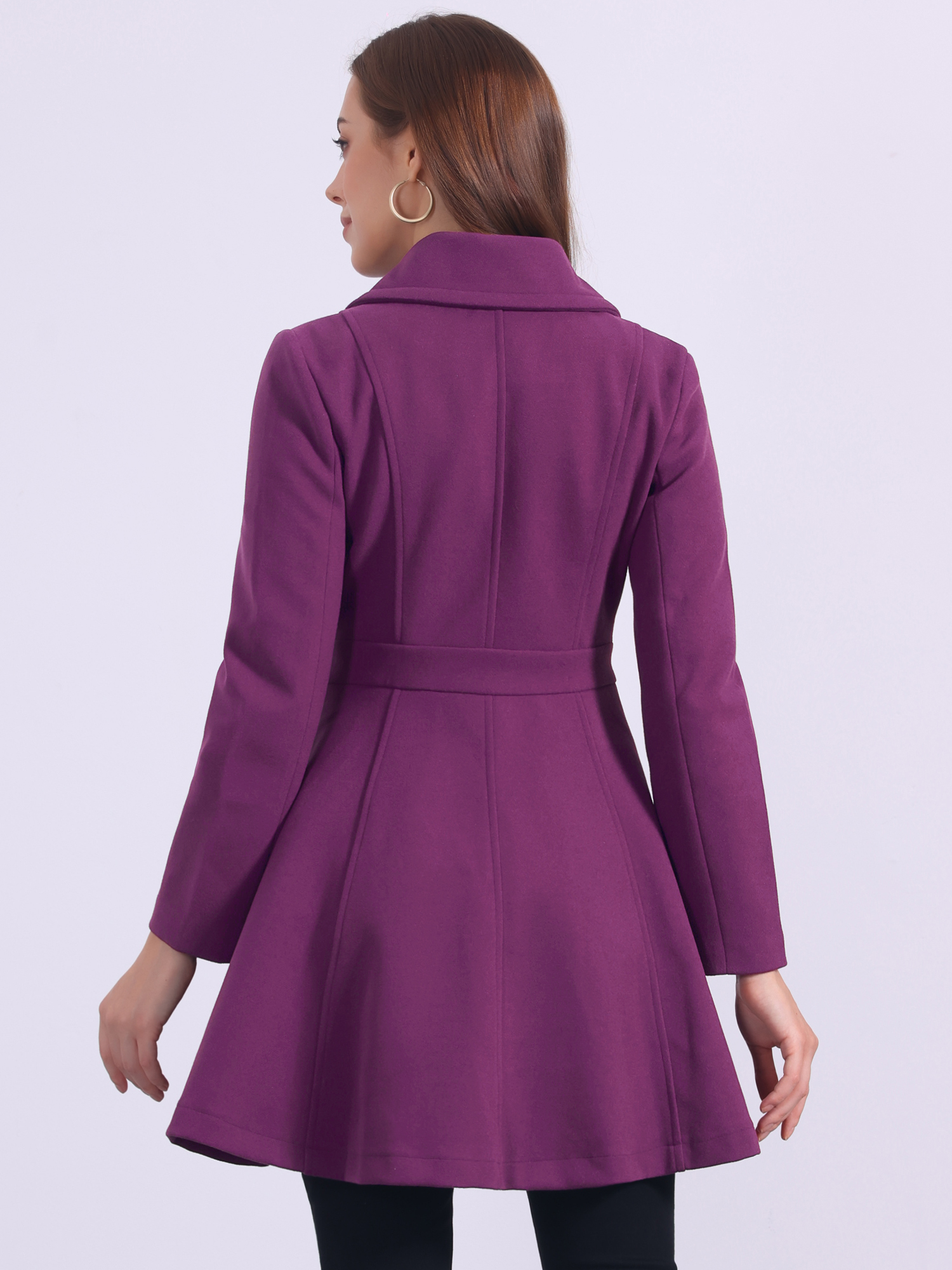 Winter Long Lapel Collar Contrast Double Breast Coat Dark Purple/M