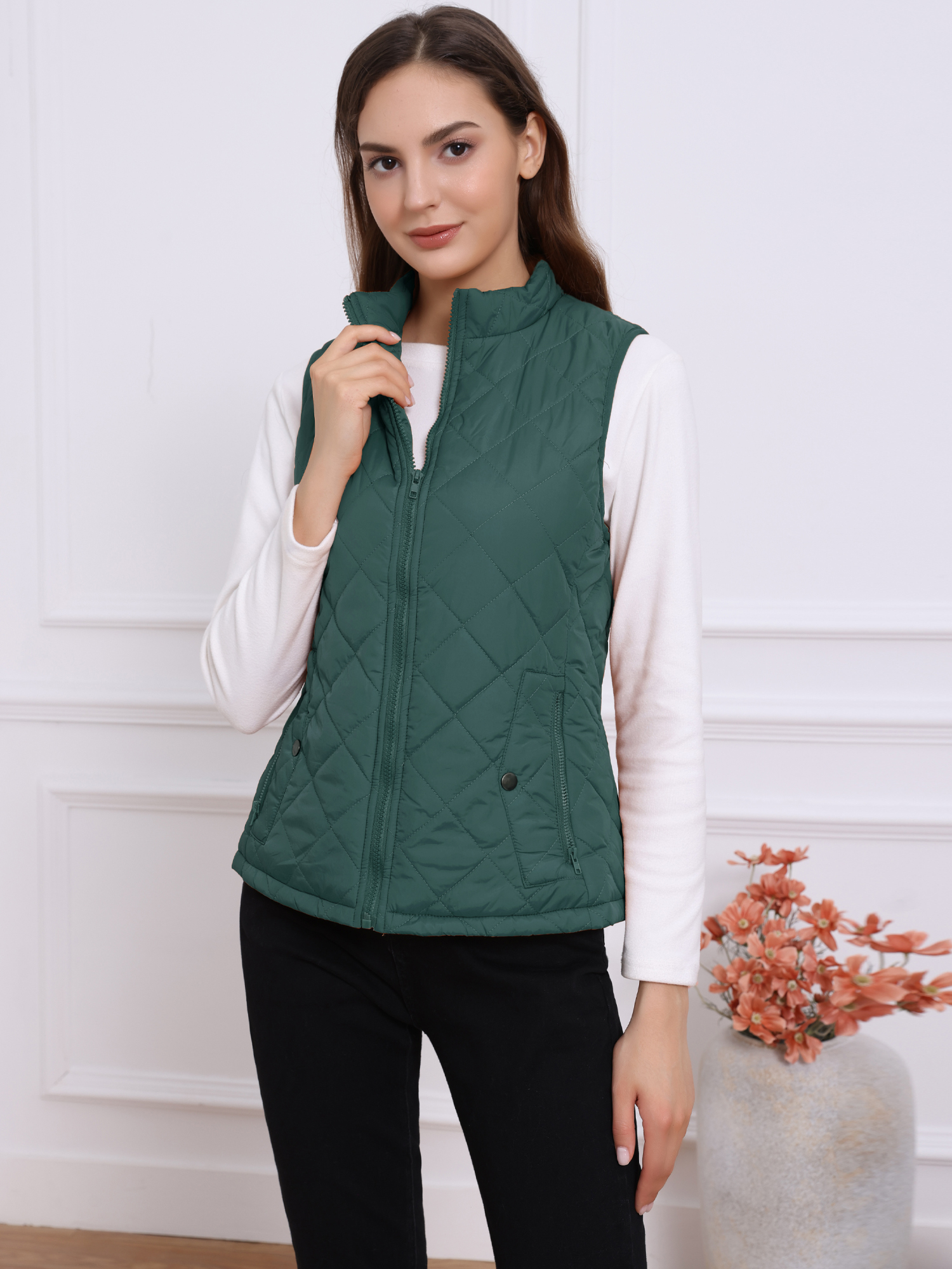 Stand Collar Lightweight Gilet Quilted Zipper Vest Forest Green/2XL