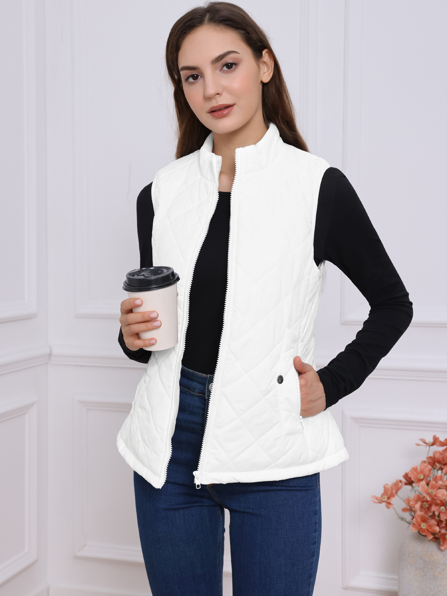 Stand Collar Lightweight Gilet Quilted Zipper Vest White/2XL