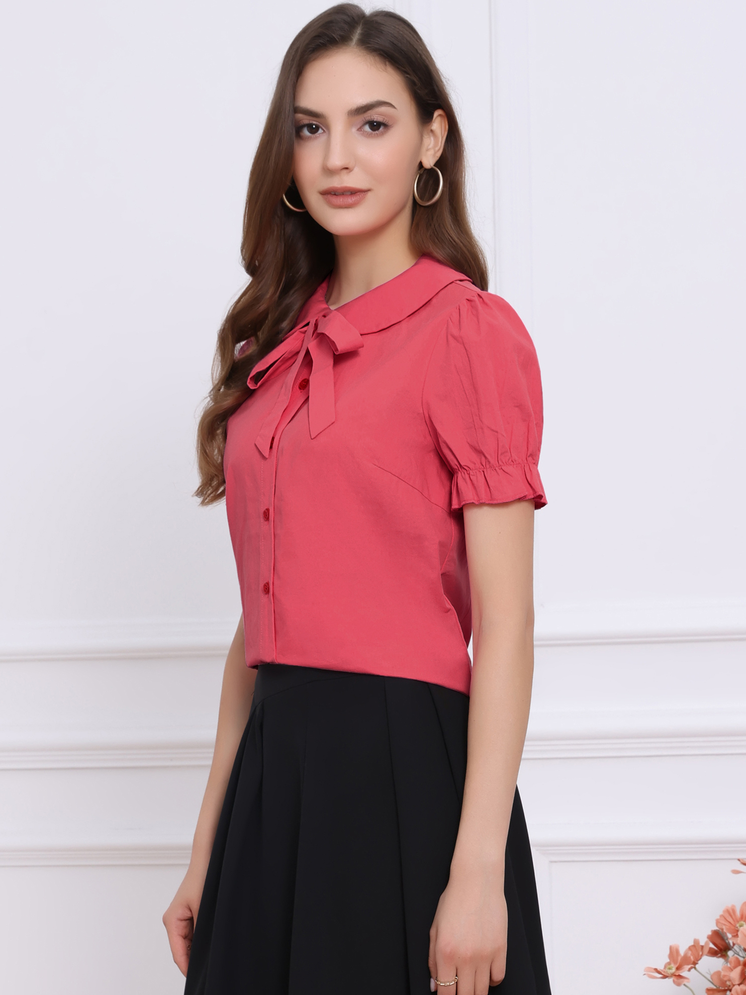 Peter Pan Collar Tie Neck Casual Cute Cotton Button-Up Shirt Brick Red/XL