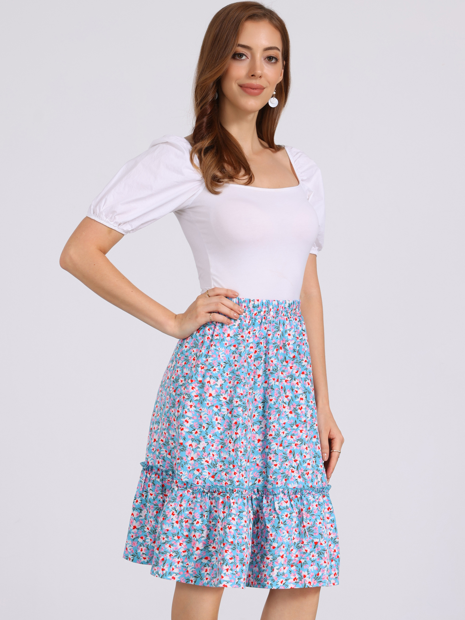 Ruffle Hem Elastic Waist Flowy A-Line Swing Floral Midi Skirt Sky Blue/XL