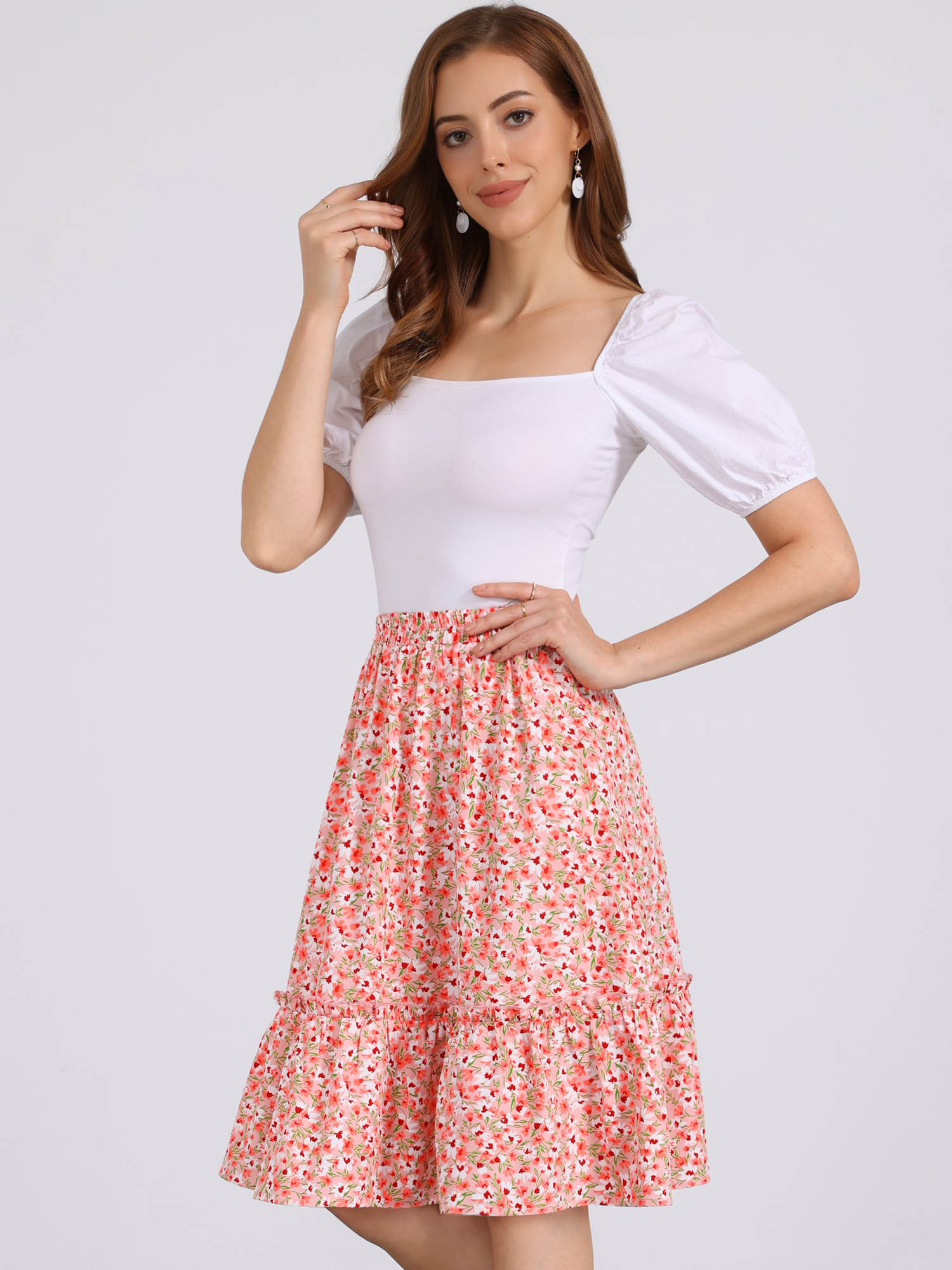 Ruffle Hem Elastic Waist Flowy A-Line Swing Floral Midi Skirt Peach Pink/XL