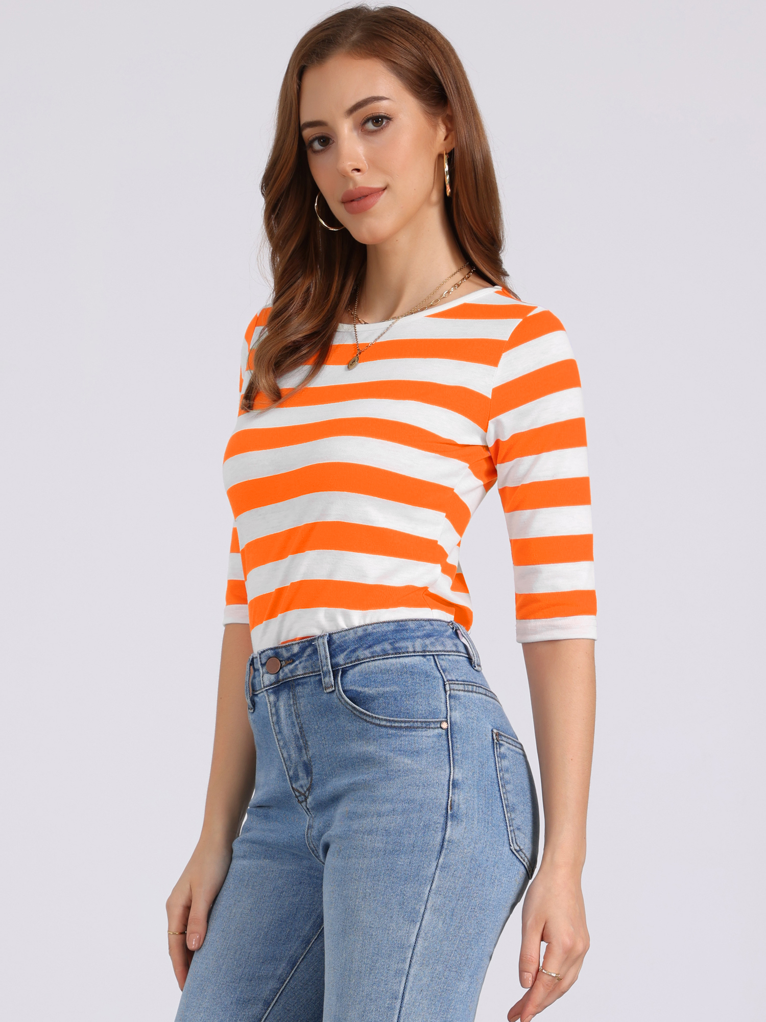 Striped 3/4 Sleeve Round Neck Casual T-Shirt Orange White/M