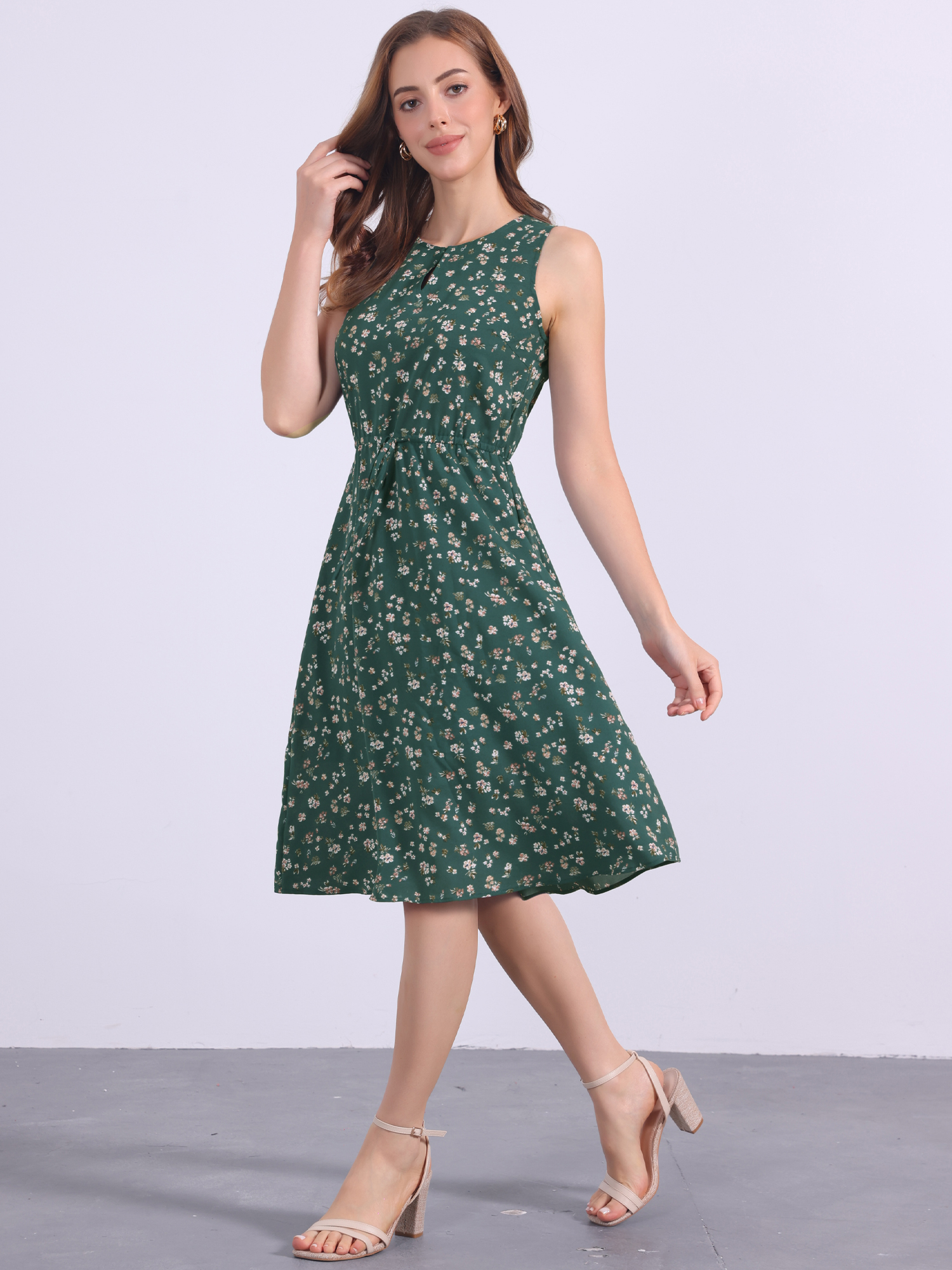 Floral Drawstring Waist Sleeveless A-Line Midi Dress Sundress Deep Green/M