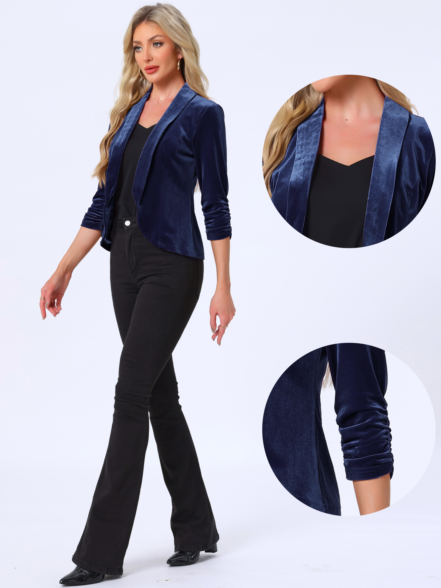 Lapel Collar Velvet Solid Office Work Open Front Blazer Dark Blue/S