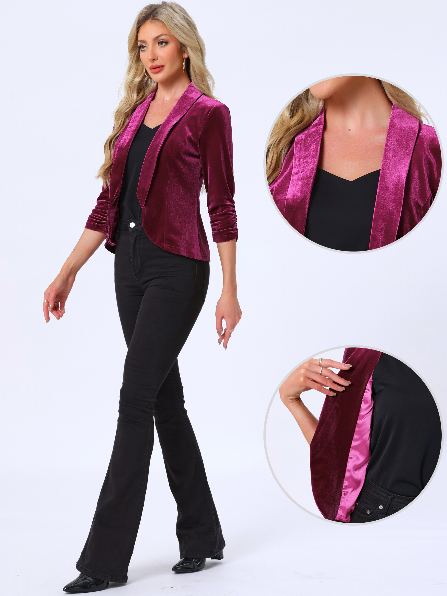 Lapel Collar Velvet Solid Office Work Open Front Blazer Purple Red/M