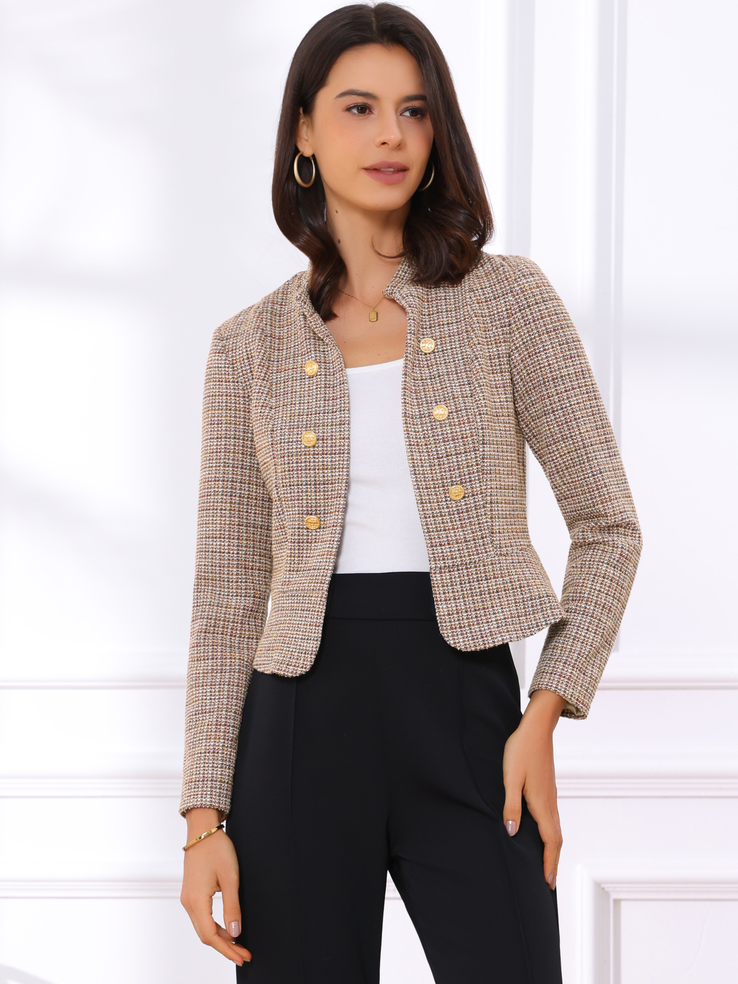 Vintage Tweed Plaid Slim Fit Work Office Cropped Jacket Yellow Pink/M