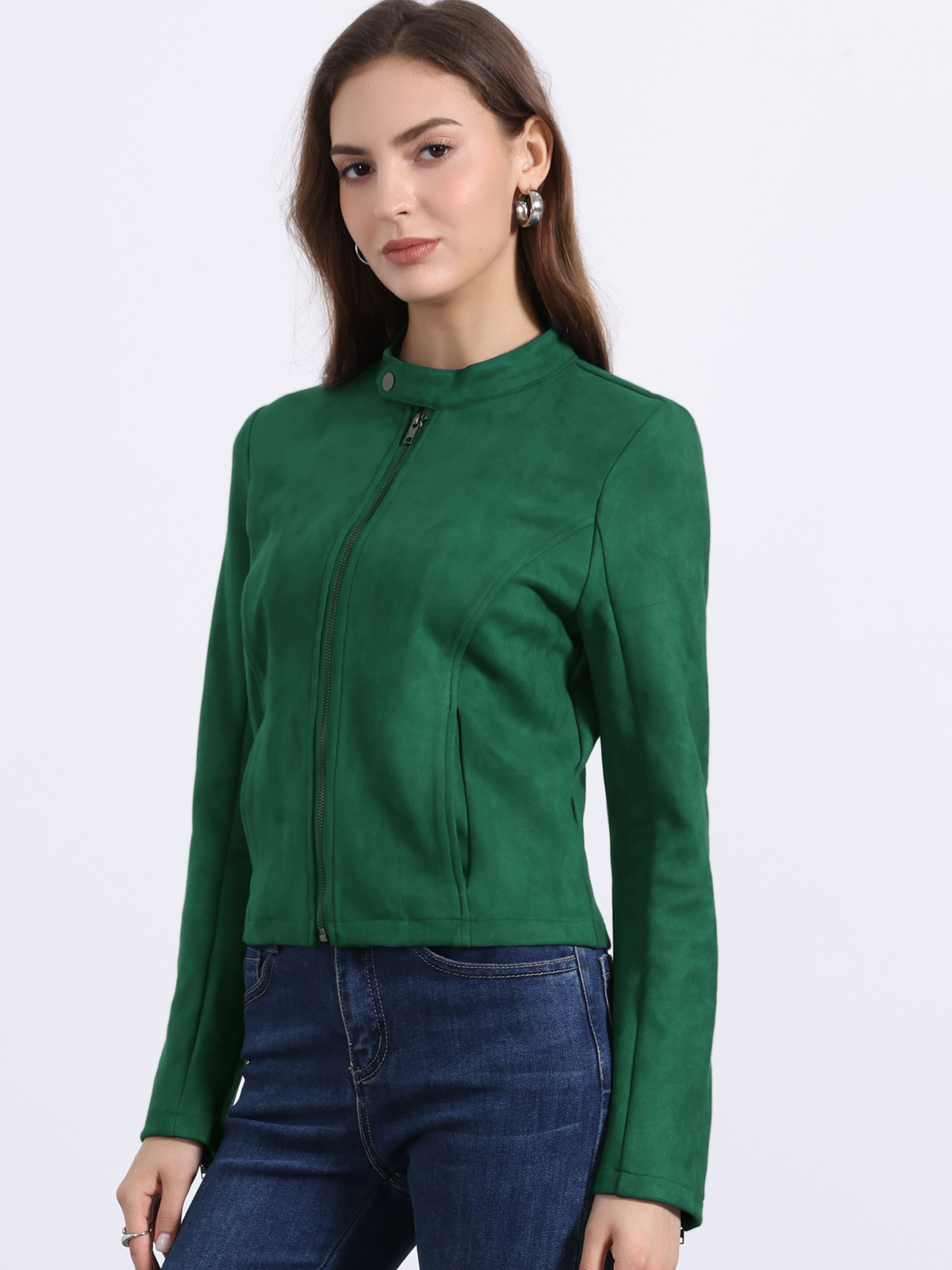 Faux Suede Stand Collar Zip Up Long Sleeve Motorcycle Jacket Dark Green/S