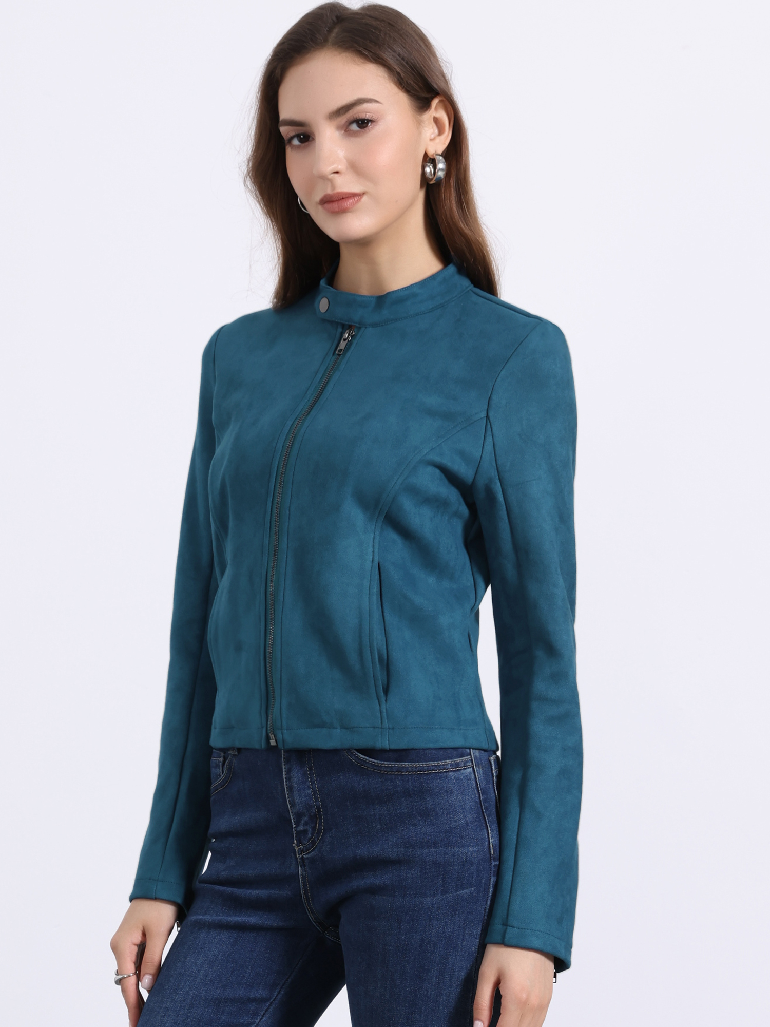 Faux Suede Stand Collar Zip Up Long Sleeve Motorcycle Jacket Peacock Blue/XL