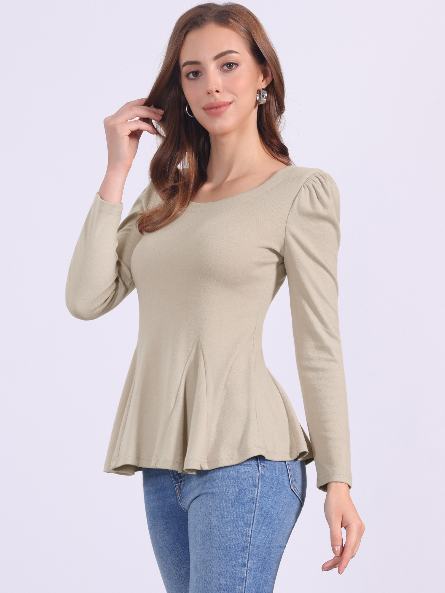 Long Sleeve Scoop Neck Casual Peplum Blouse Khaki/M