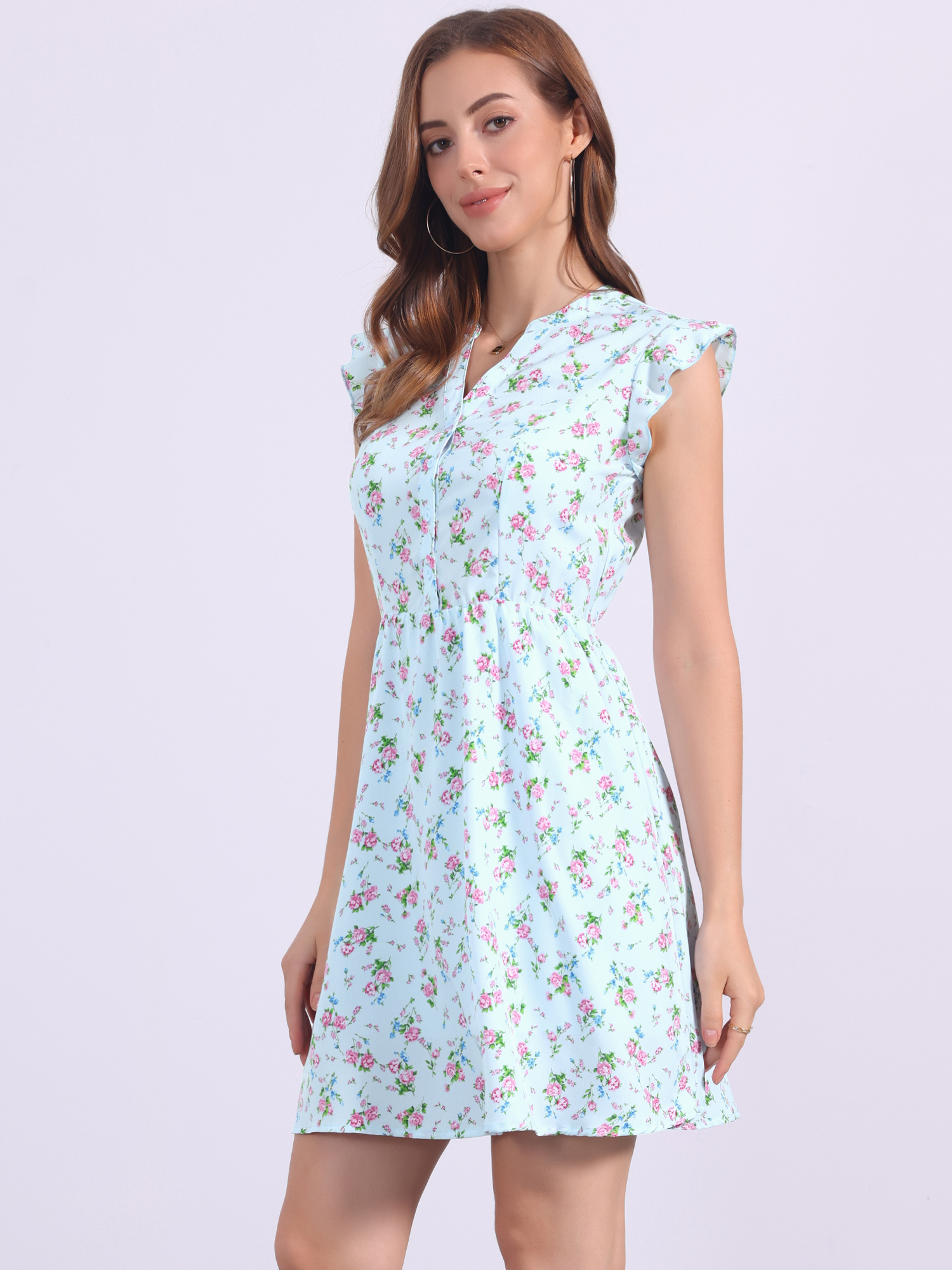 Flutter Sleeve Ruffle A-Line Flowy Chiffon Dress Light Blue/XS