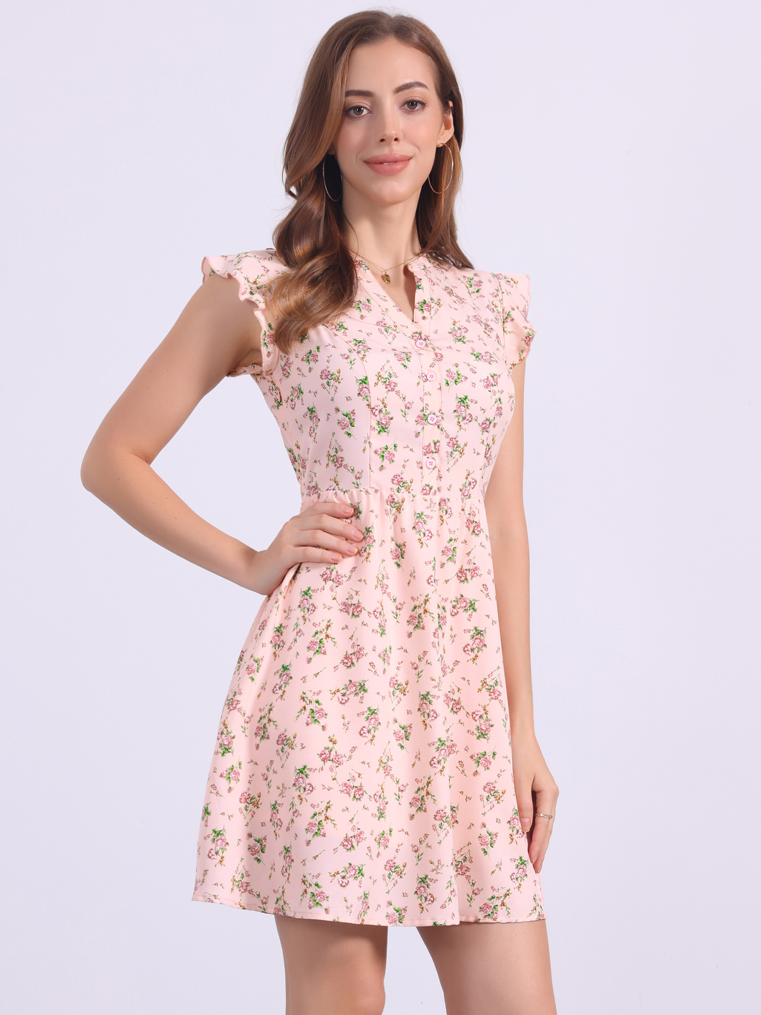 Flutter Sleeve Ruffle A-Line Flowy Chiffon Dress Beige/L