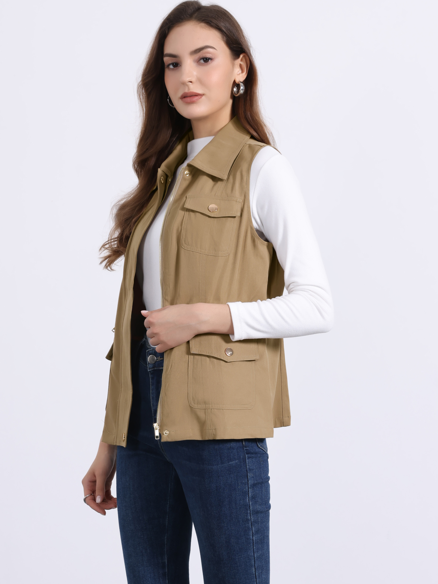 Zip Up Pockets Sleeveless Cargo Jacket Utility Vest Dark Khaki/XS
