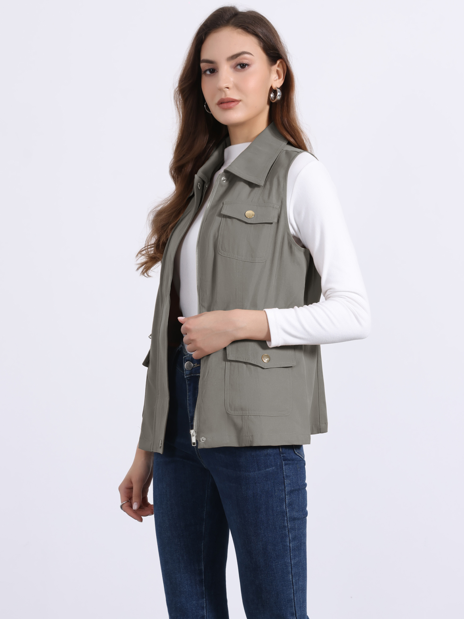 Zip Up Pockets Sleeveless Cargo Jacket Utility Vest Dark Grey/M