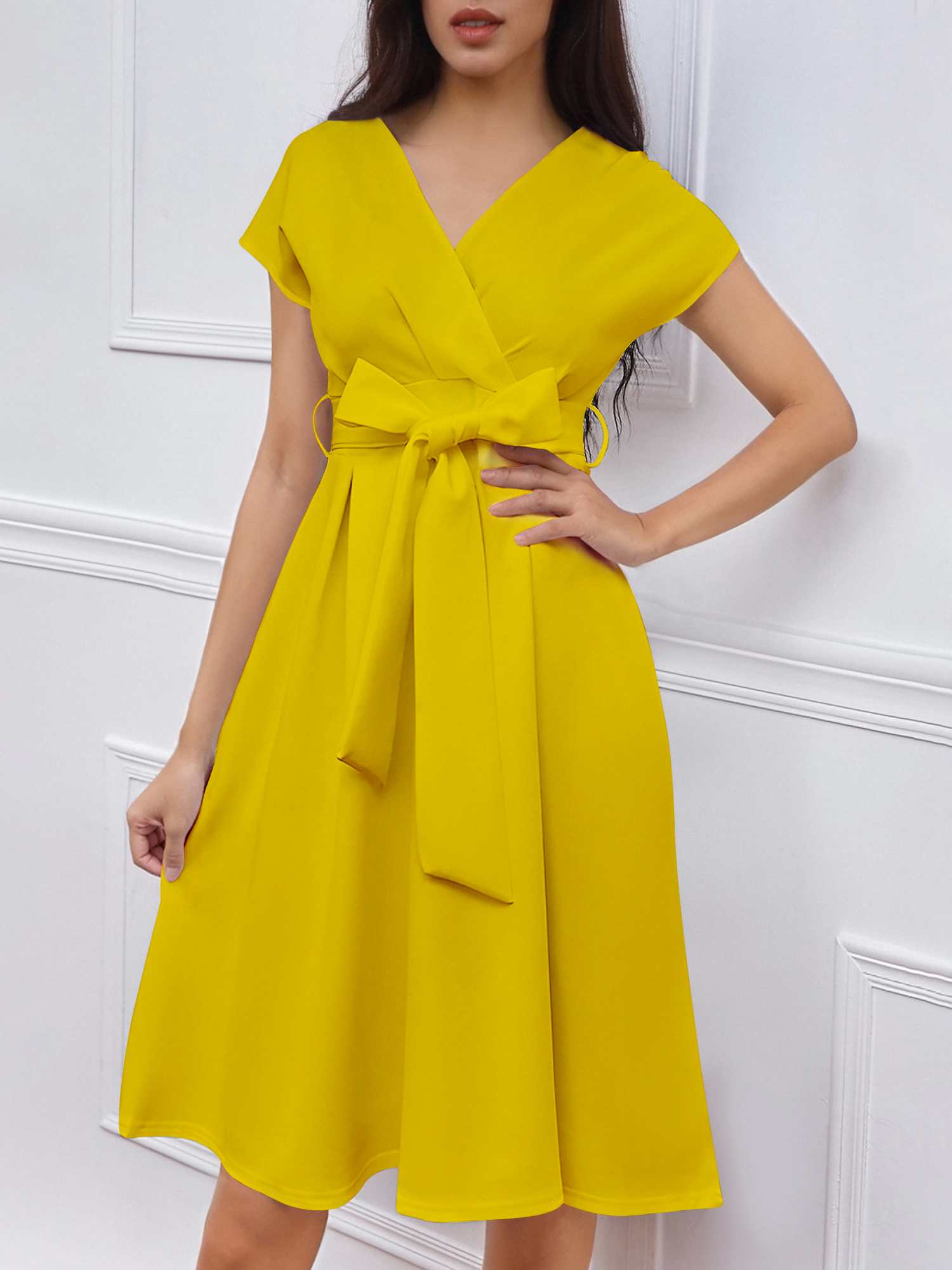 V Neck Solid Color Short Sleeve Tie Waist Dress Yellow/XL