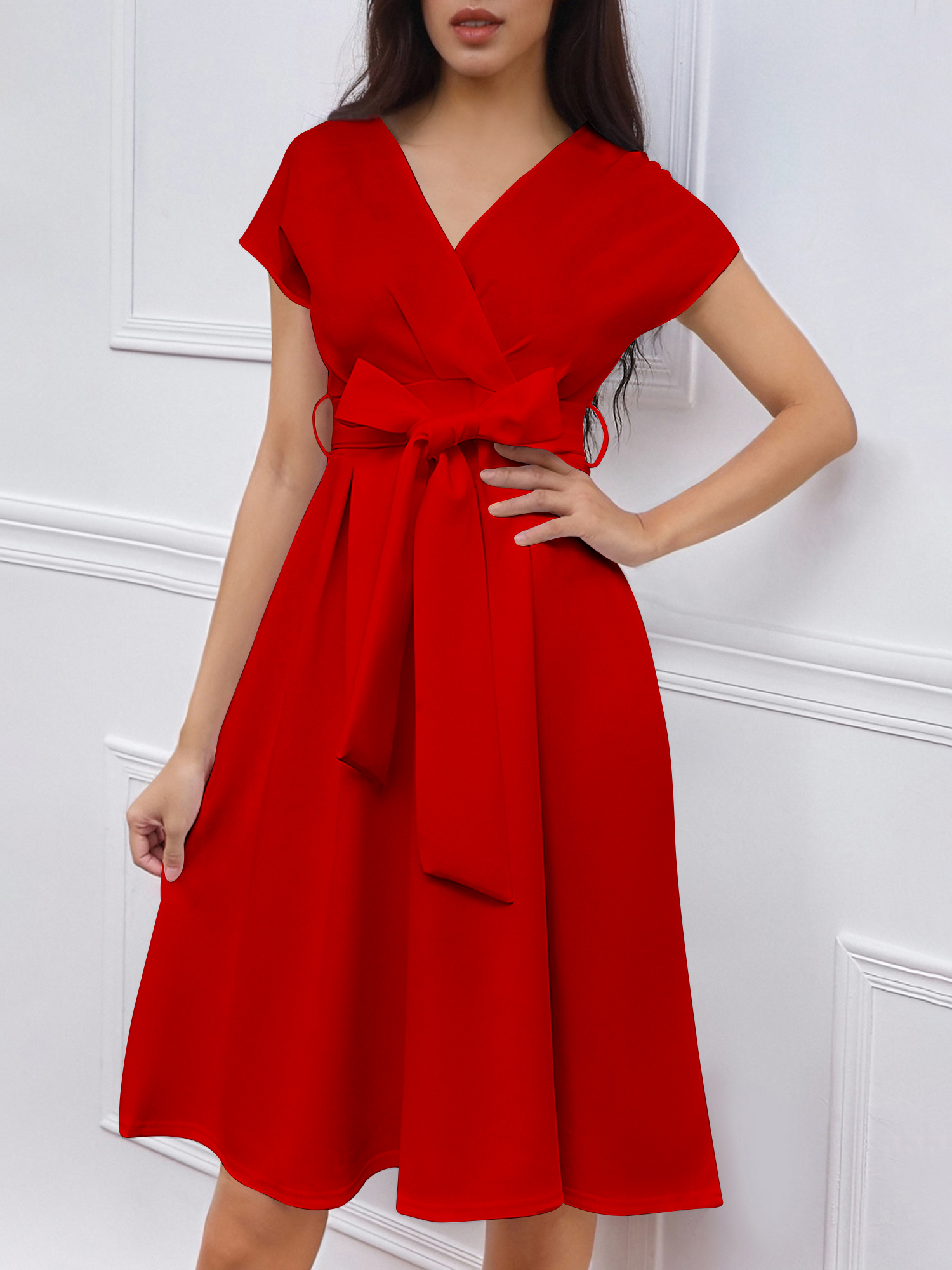 V Neck Solid Color Short Sleeve Tie Waist Dress Red/L