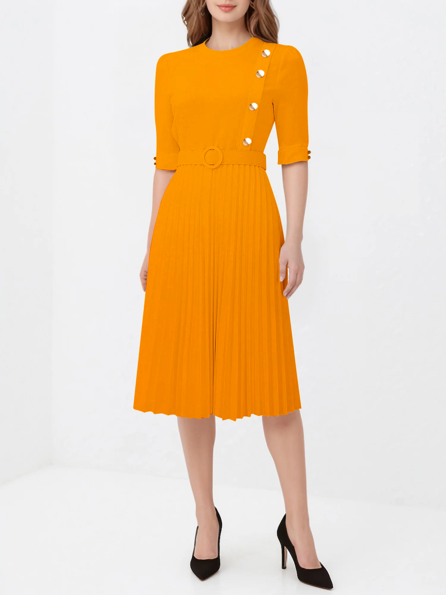 Solid Color Pleated Button Decor Belted Dress Yellow/2XL