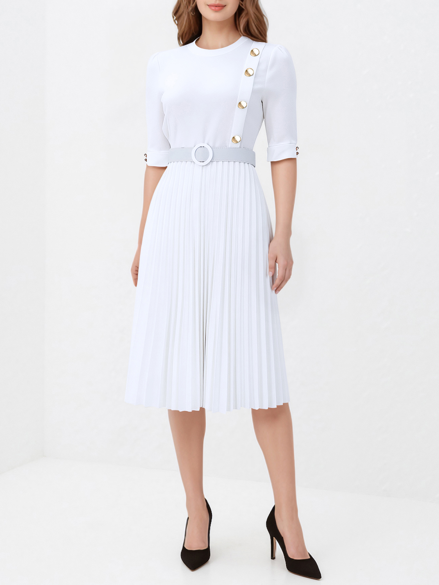 Solid Color Pleated Button Decor Belted Dress White/M