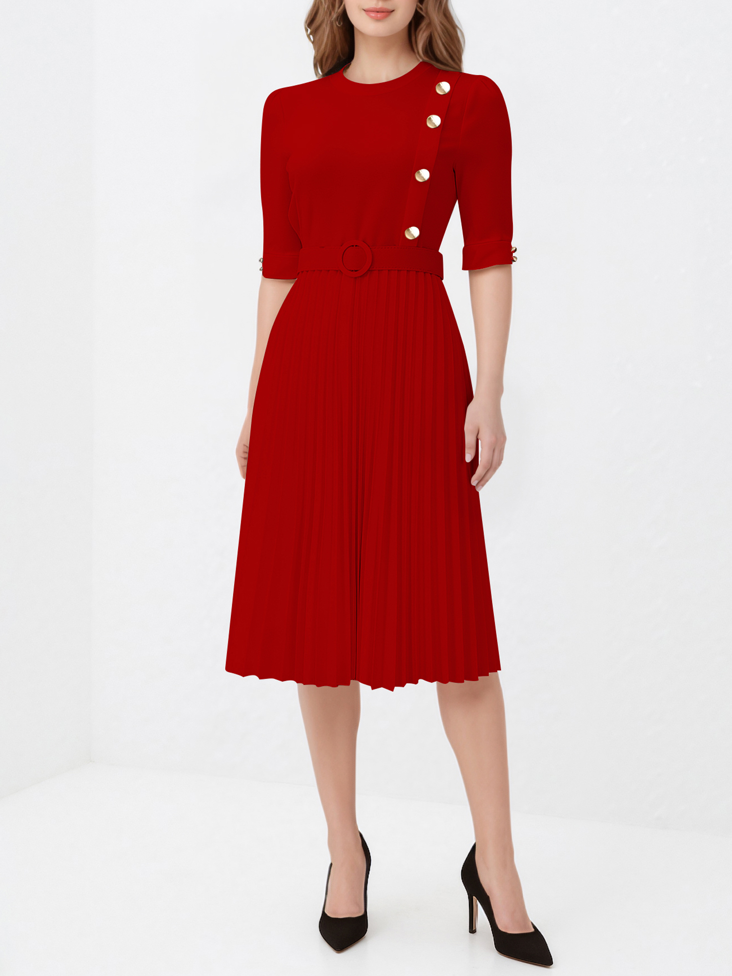 Solid Color Pleated Button Decor Belted Dress Red/M