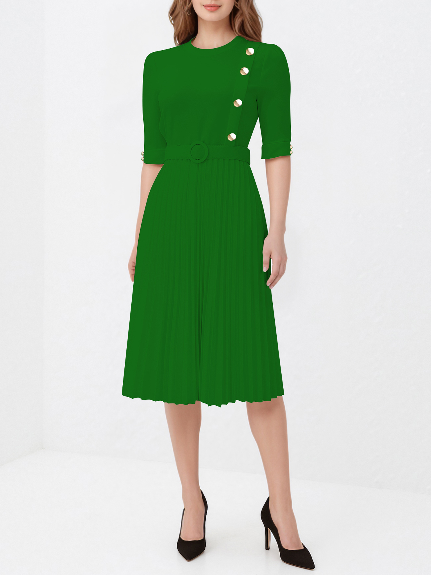 Solid Color Pleated Button Decor Belted Dress Green/XL
