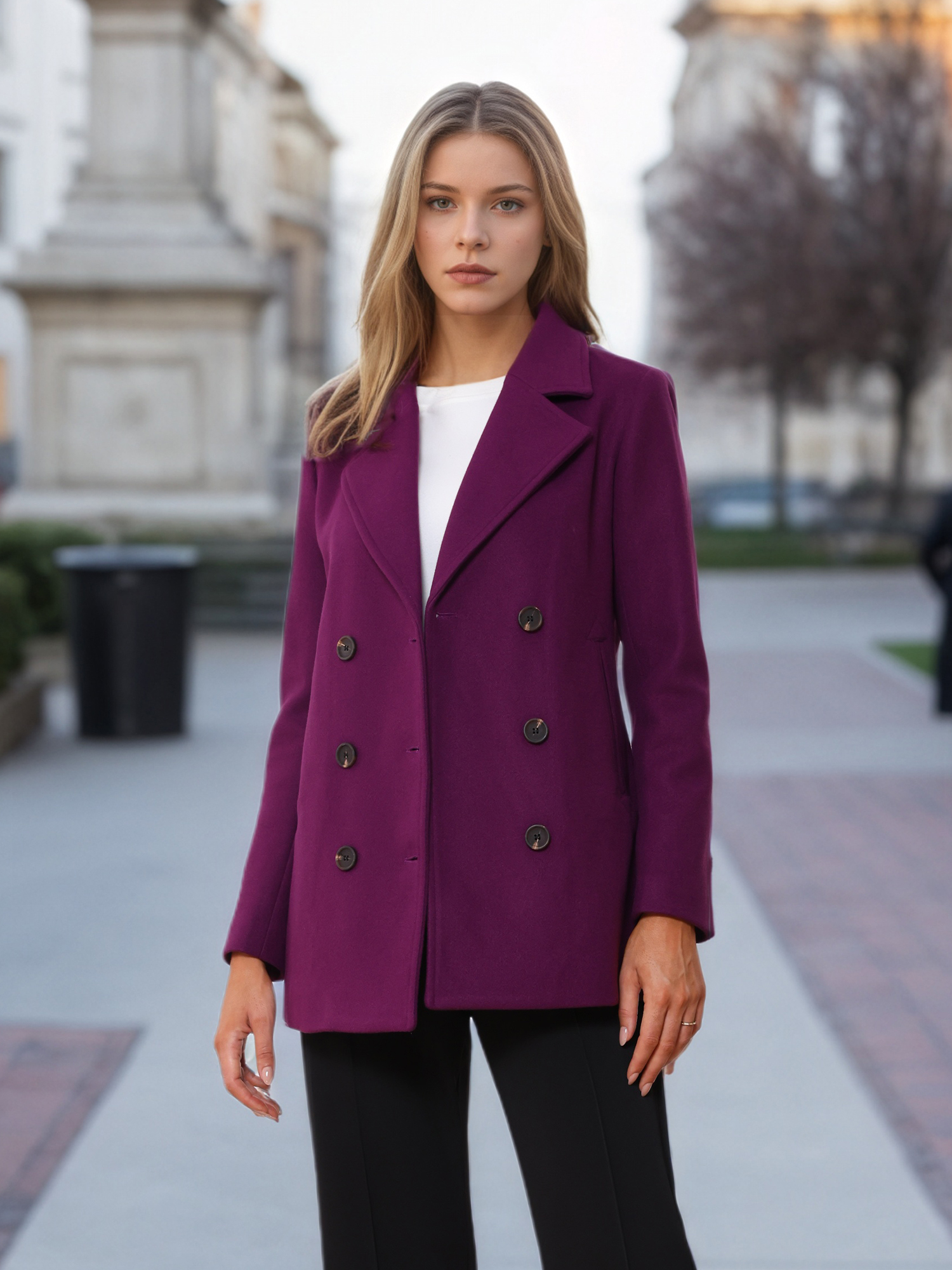Long Sleeve Double Breasted Button Winter Outerwear Pea Coat Purple/XS