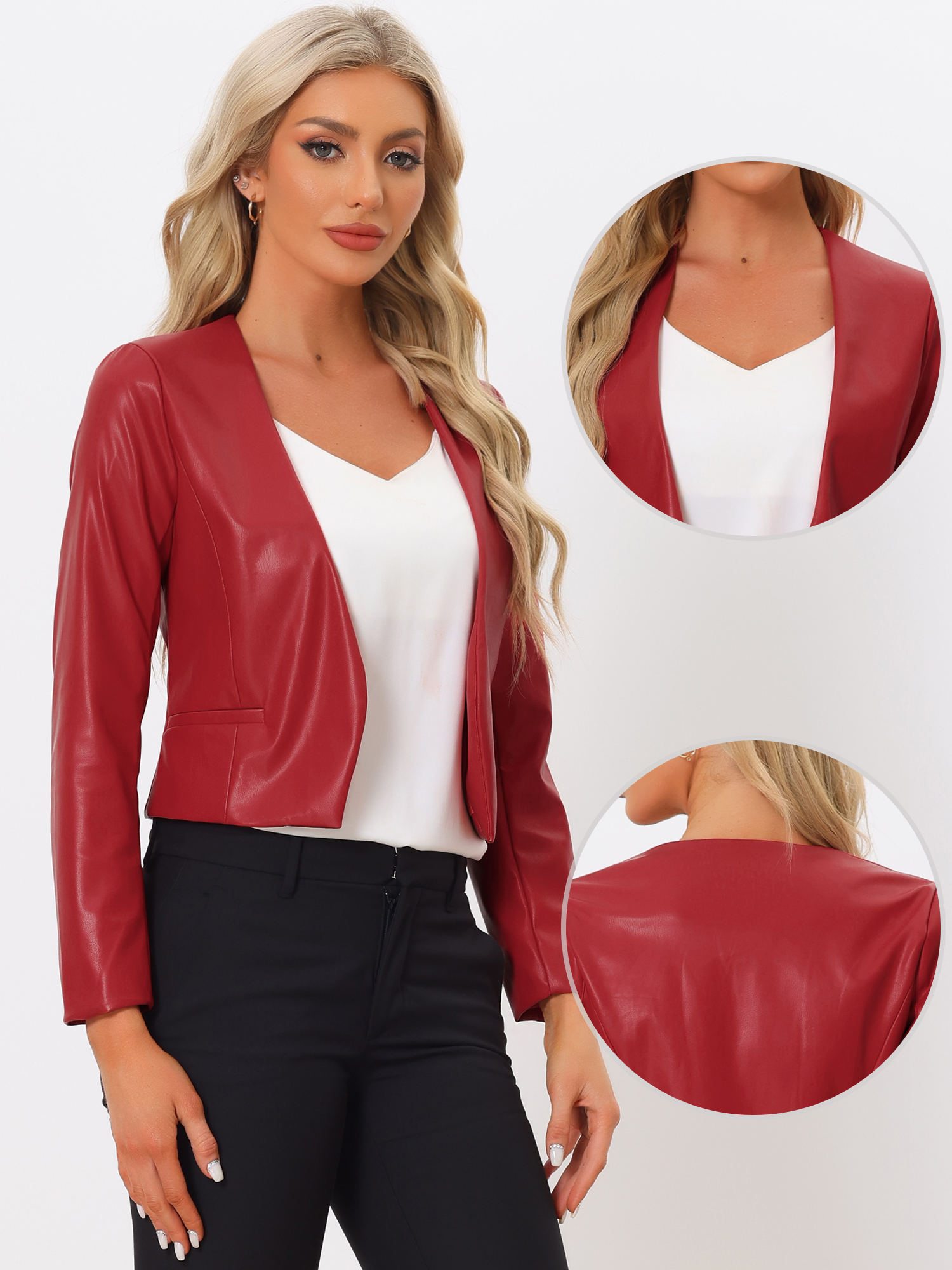 Faux Leather Collarless Open Front PU Moto Biker Crop Blazer Wine Red/XS