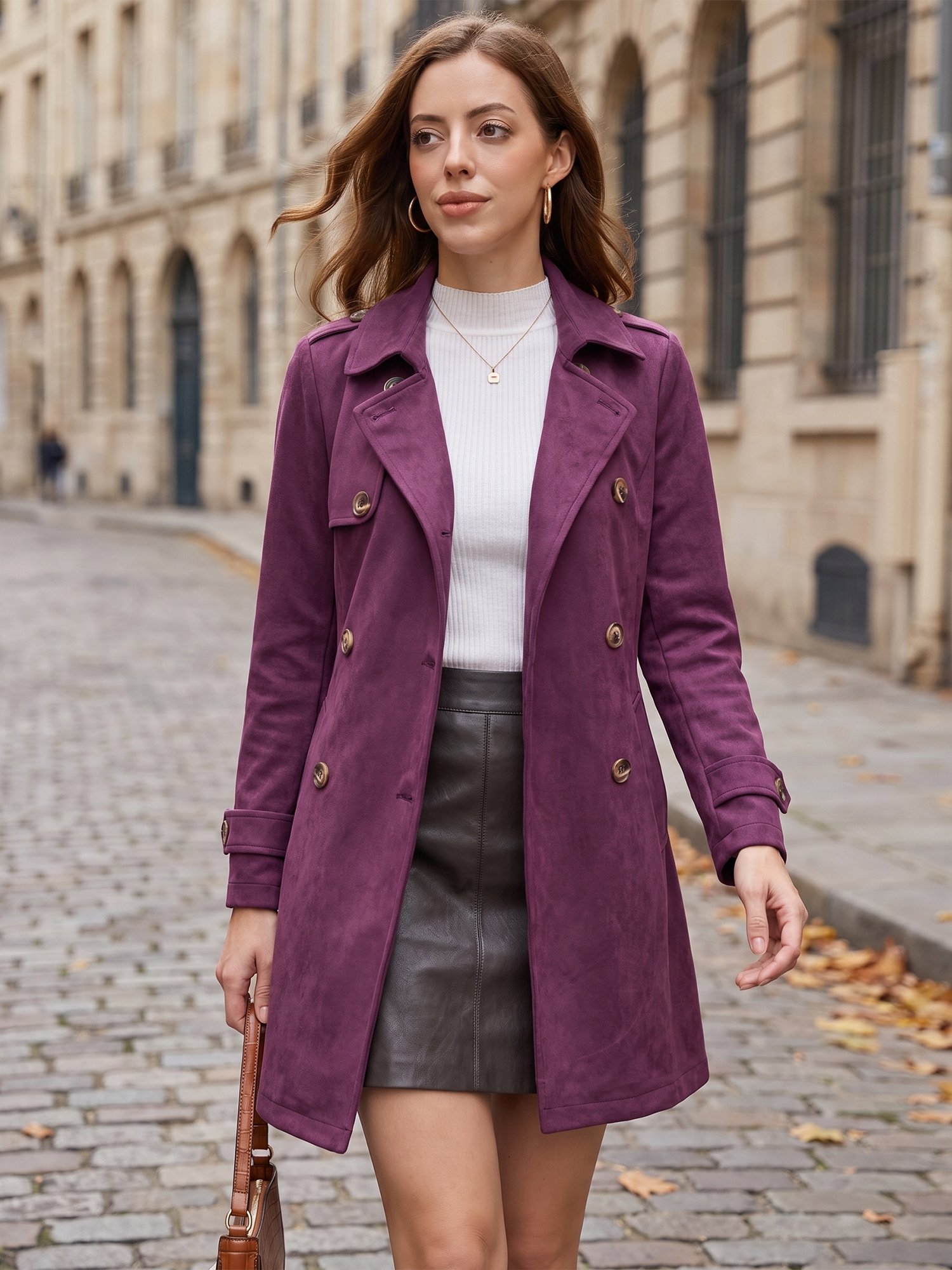 Notched Lapel Double Breasted Faux Suede Trench Coat Jacket with Belt Dark Purple/XS