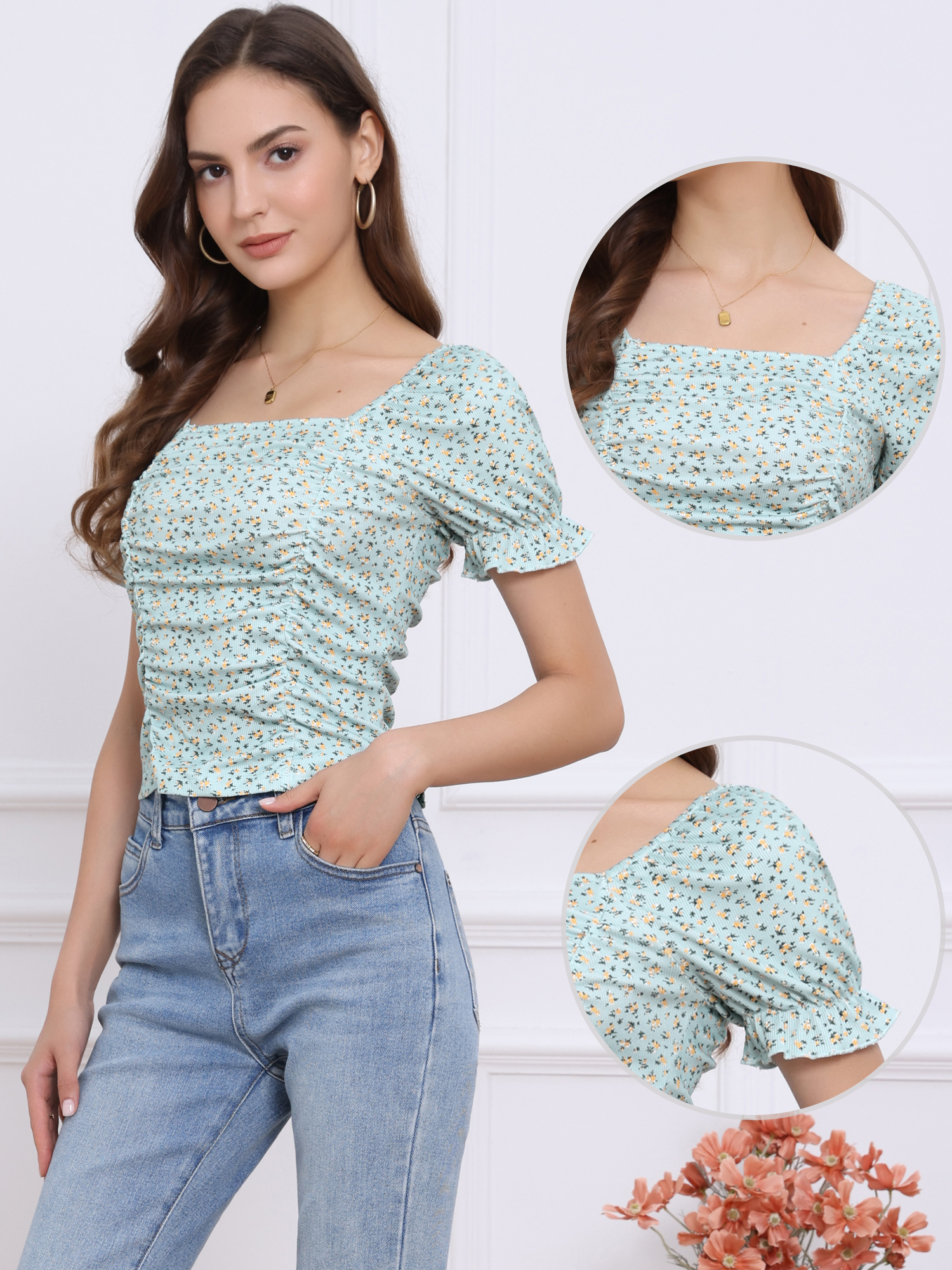 Smocked Crop Top Slim Fit Peasant Floral Blouse Cyan/S