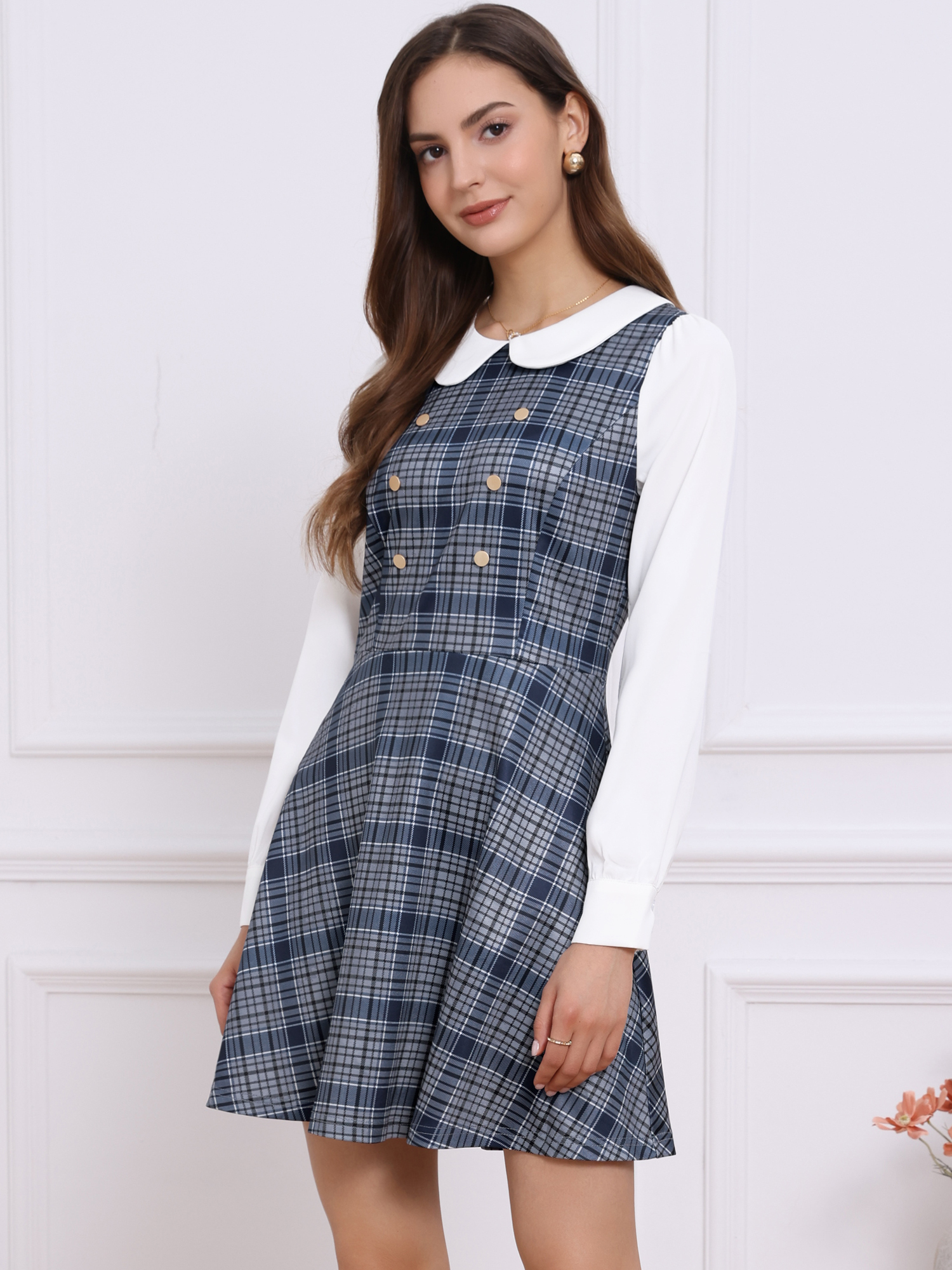 Peter Pan Collar Contrast Color Button Decor Plaid Dress Gray Blue/XS