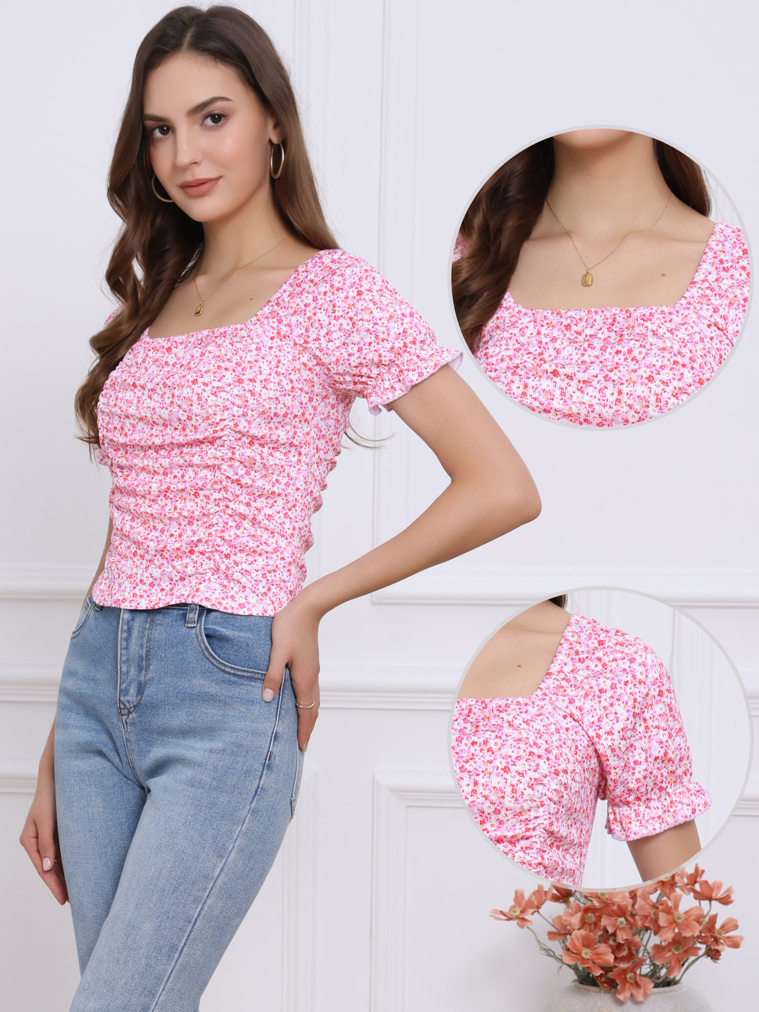 Smocked Crop Top Slim Fit Peasant Floral Blouse Pink/M