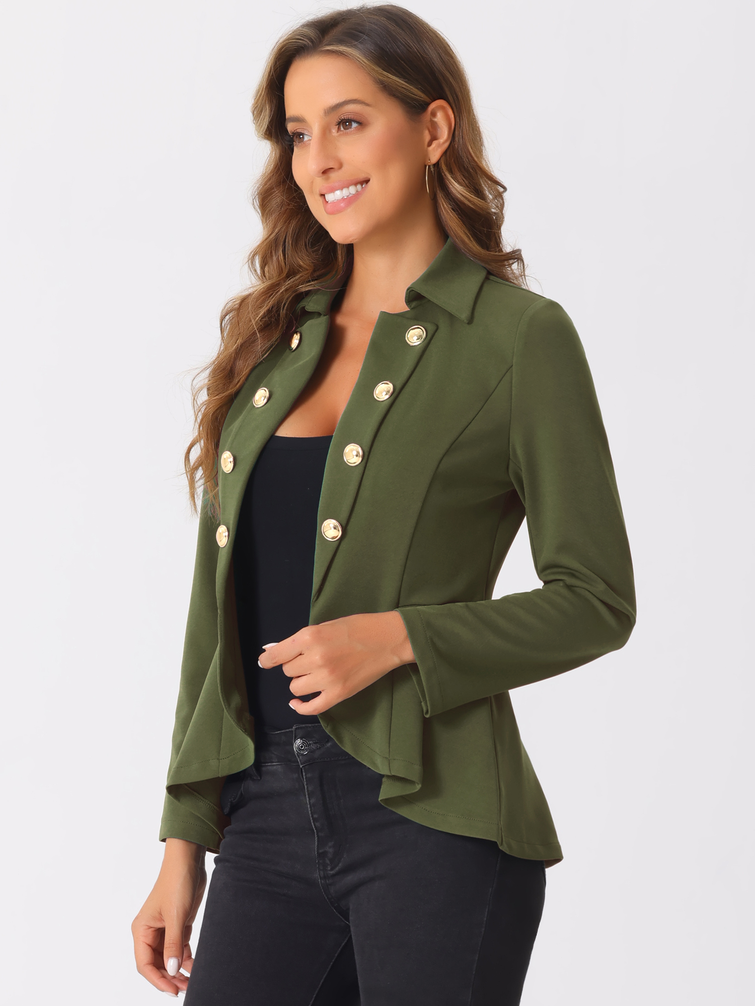 Steampunk High Low Hem Long Sleeve Peplum Jacket Army Green/S
