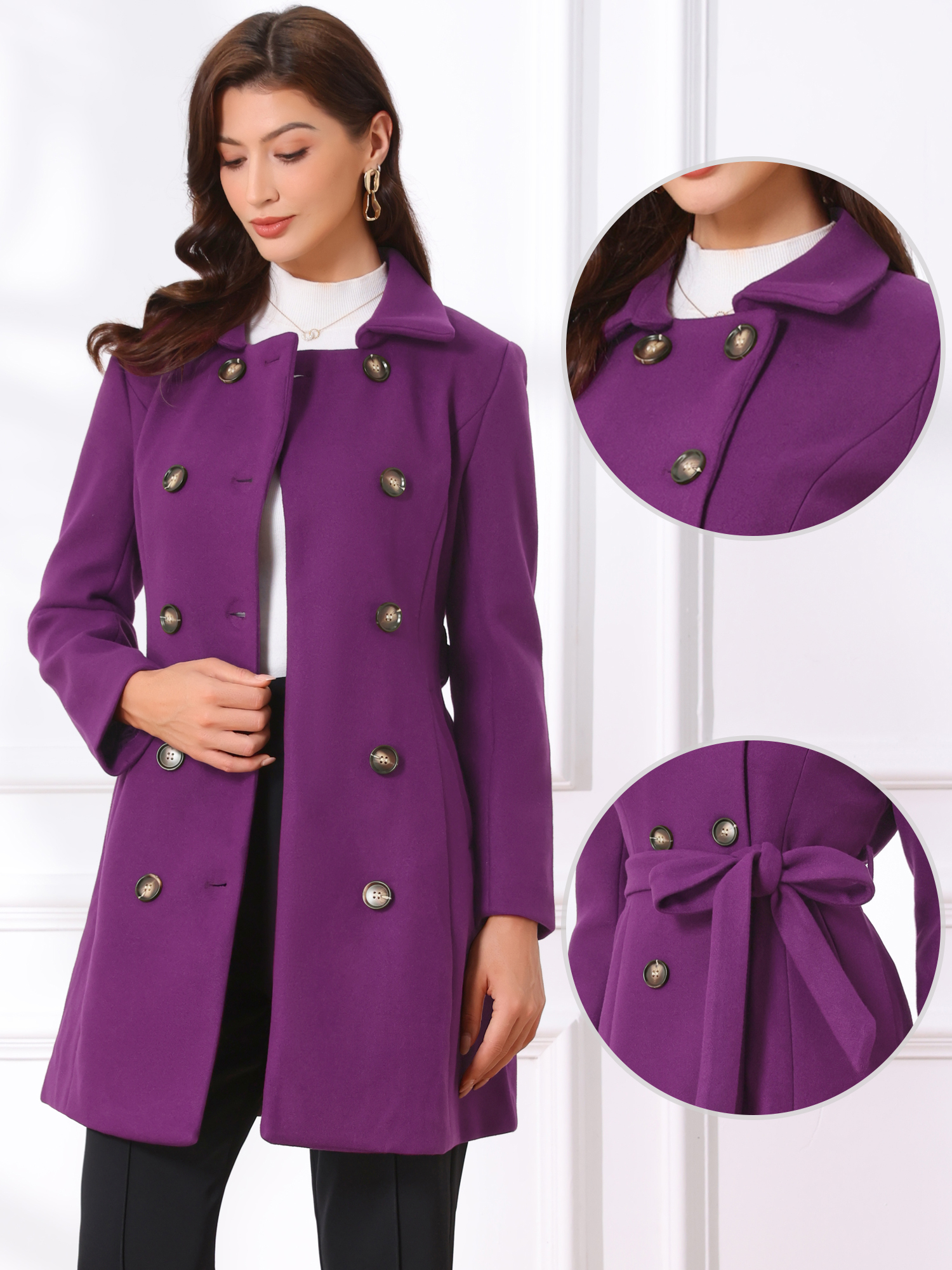 Lapel Double Breasted Slant Pocket Button Belted Pea Coats Purple/L