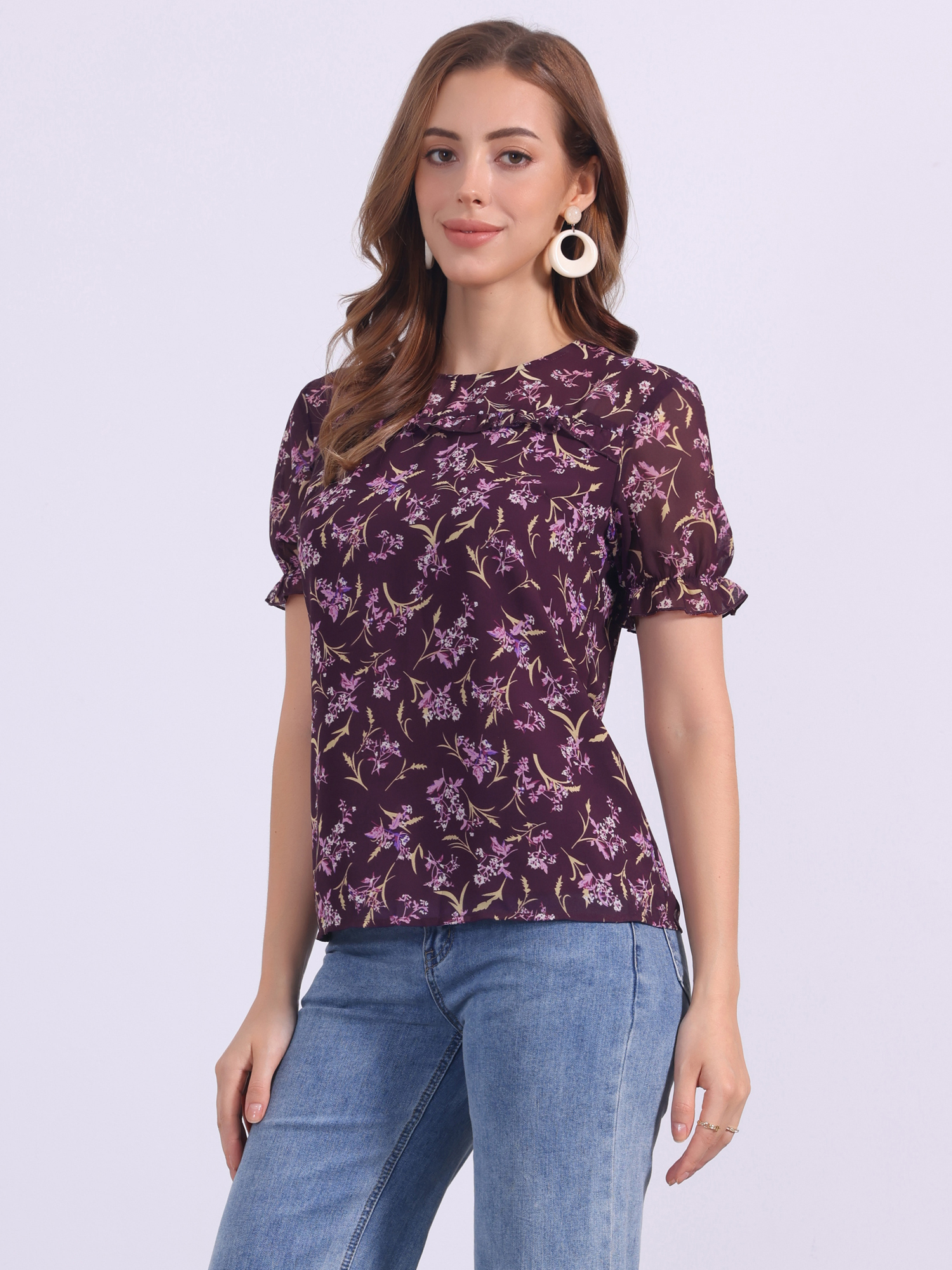 Chiffon Short Sleeve Ruffled Trim Floral Blouse Top Dark Purple/XS