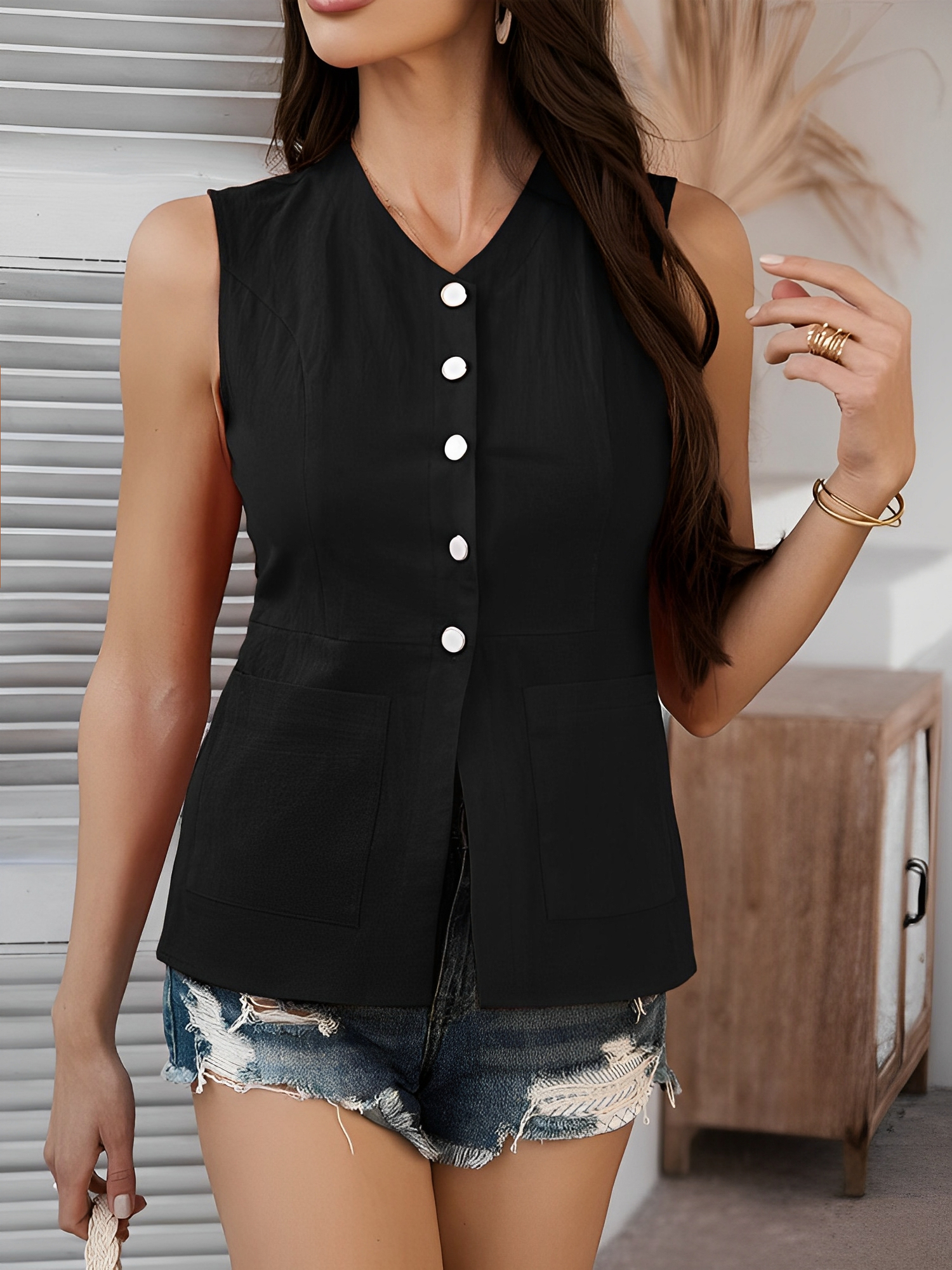 Solid Color Sleeveless Button Down Pocketed Vest Black/XL