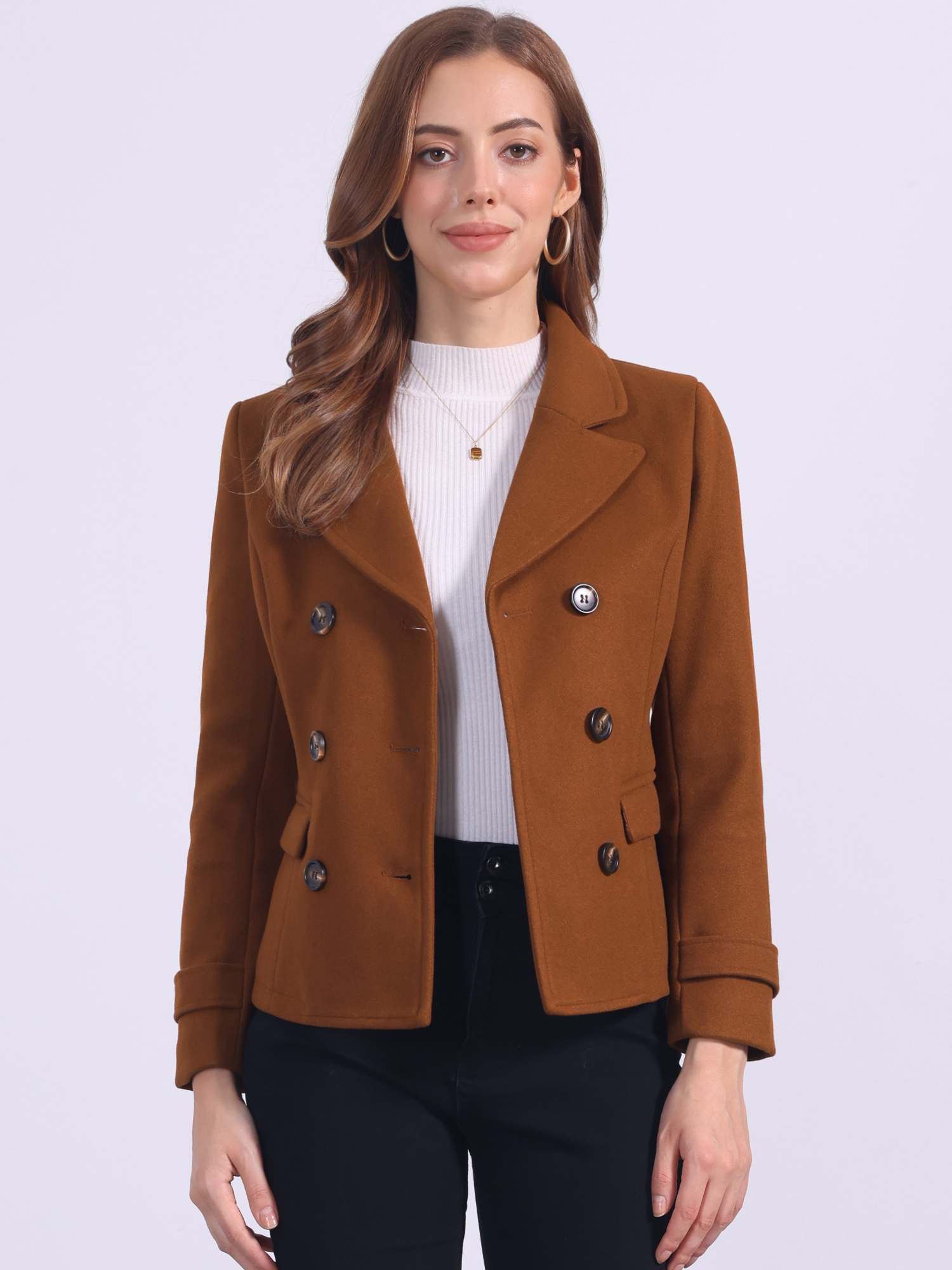 Winter Notched Lapel Double Breasted Short Pea Coat Reddish Brown/S