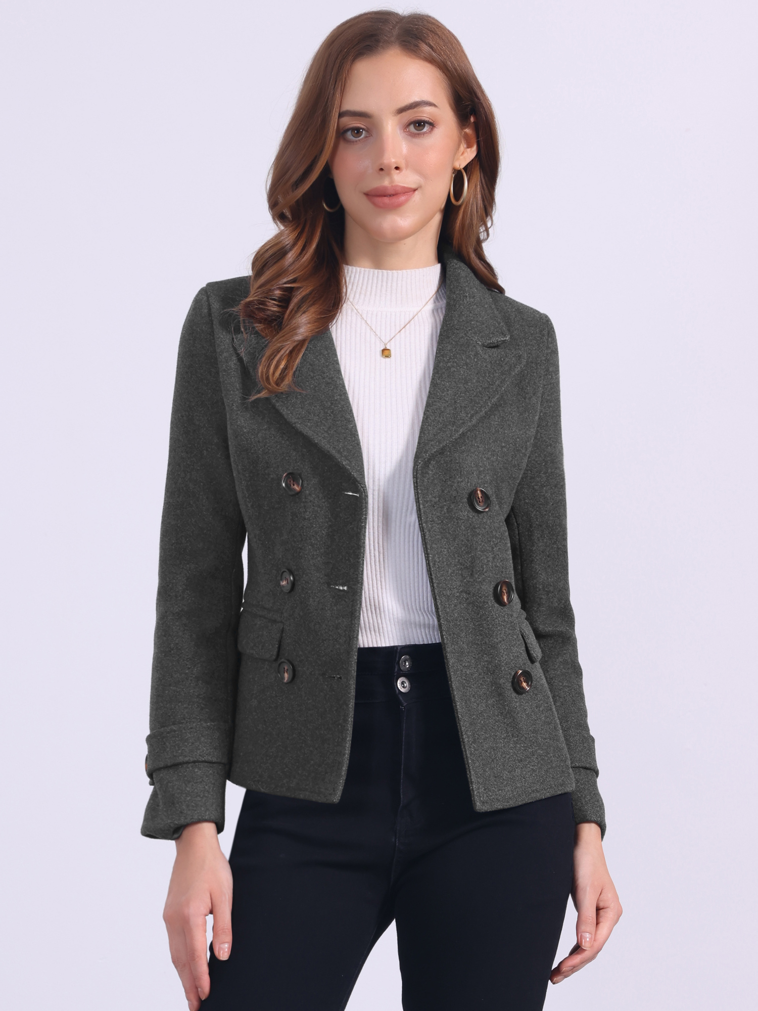 Winter Notched Lapel Double Breasted Short Pea Coat Dark Gray/L