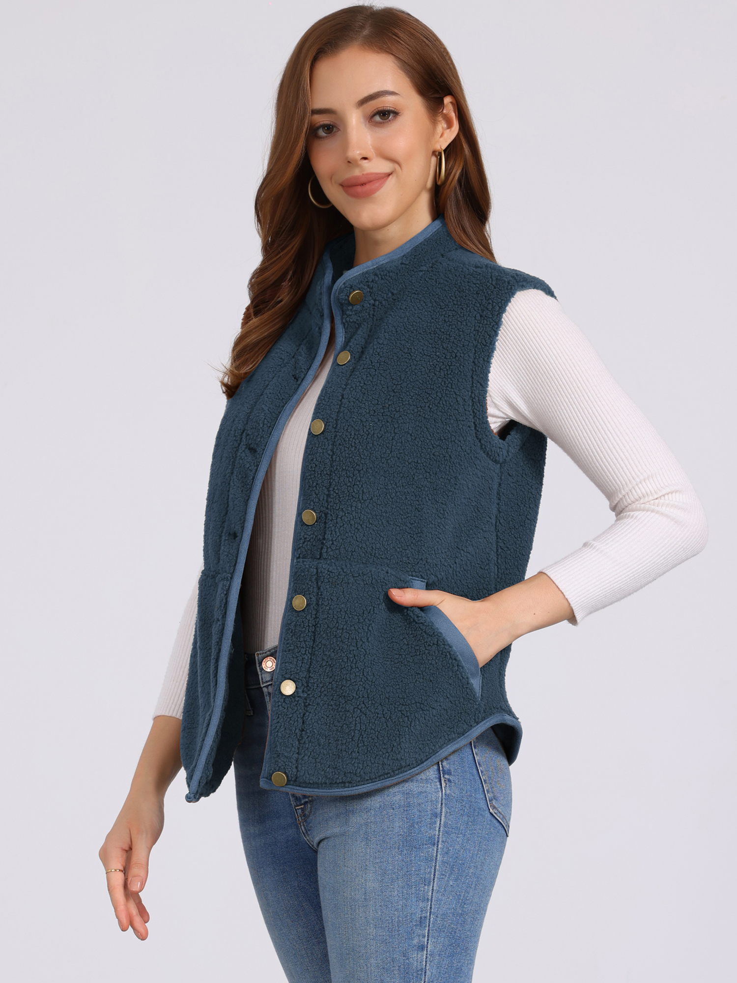 Fleece Plush Pockets Buttons Sleeveless Fuzzy Jacket Vest Dark Blue/L