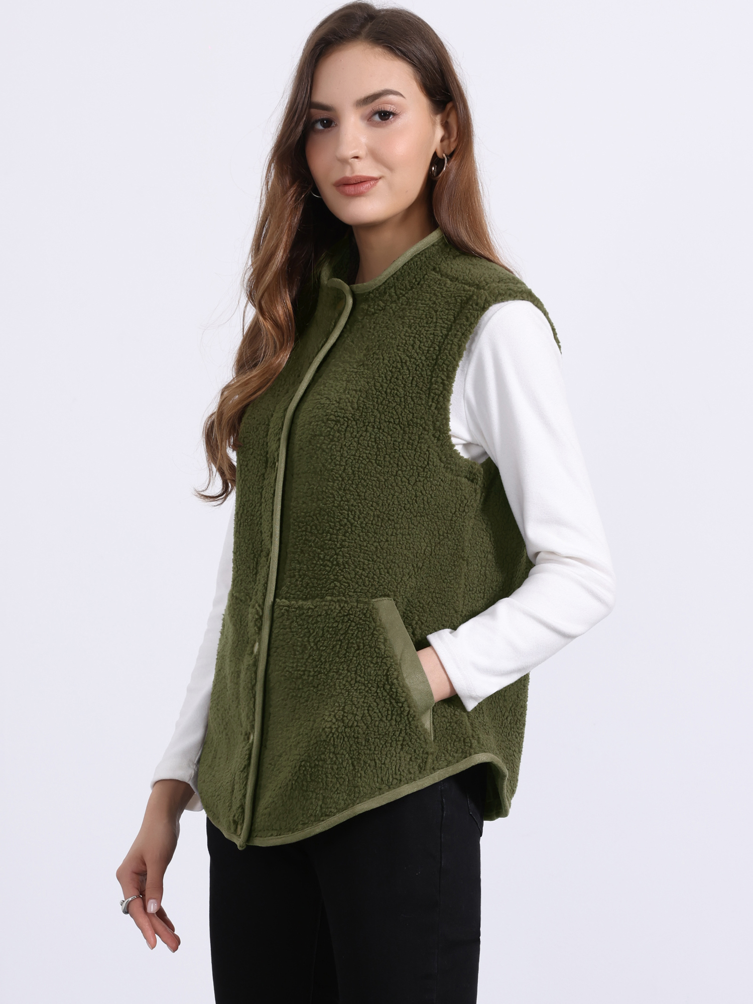 Fleece Plush Pockets Buttons Sleeveless Fuzzy Jacket Vest Army Green/S
