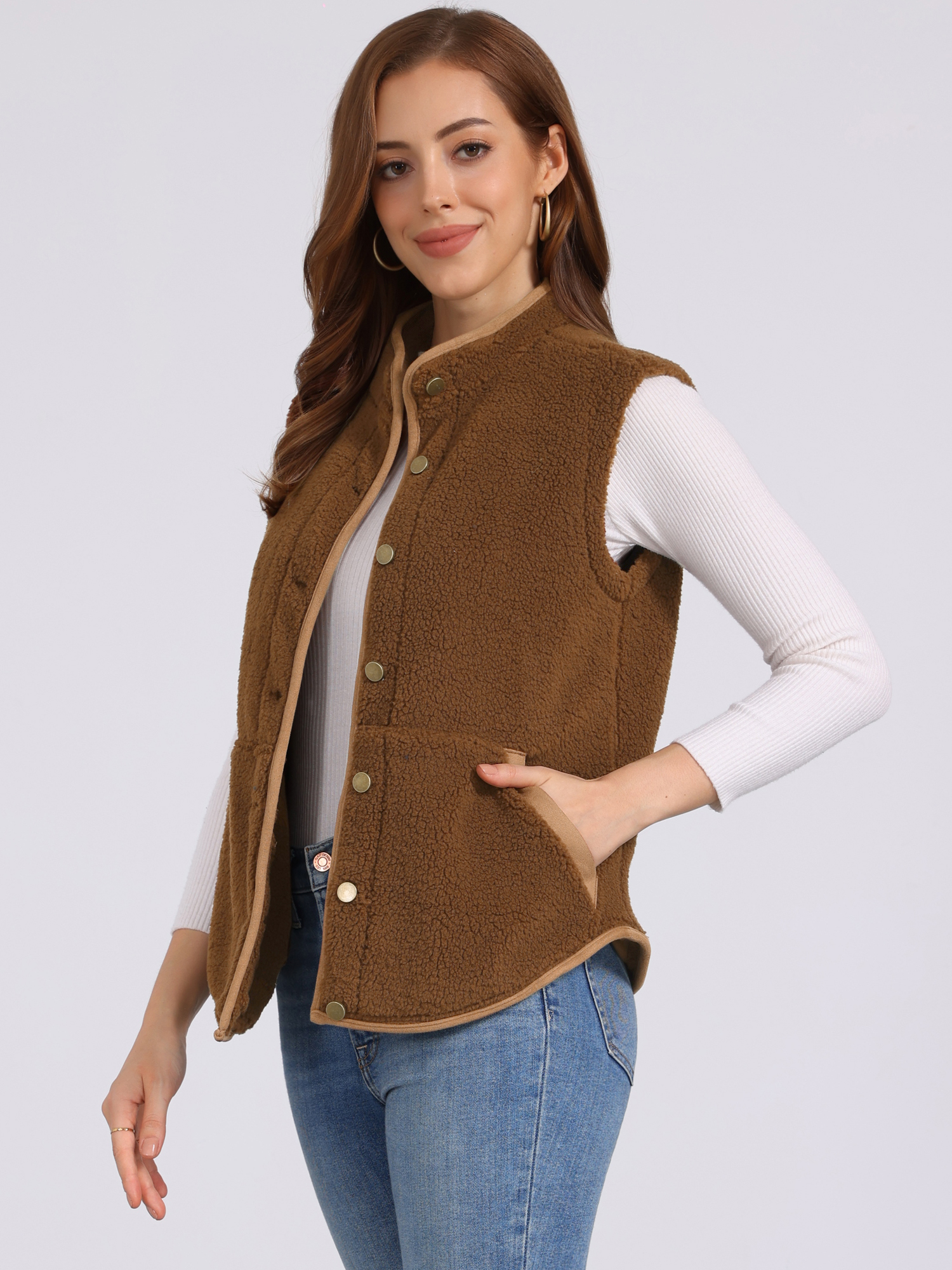 Fleece Plush Pockets Buttons Sleeveless Fuzzy Jacket Vest Dark Brown/S