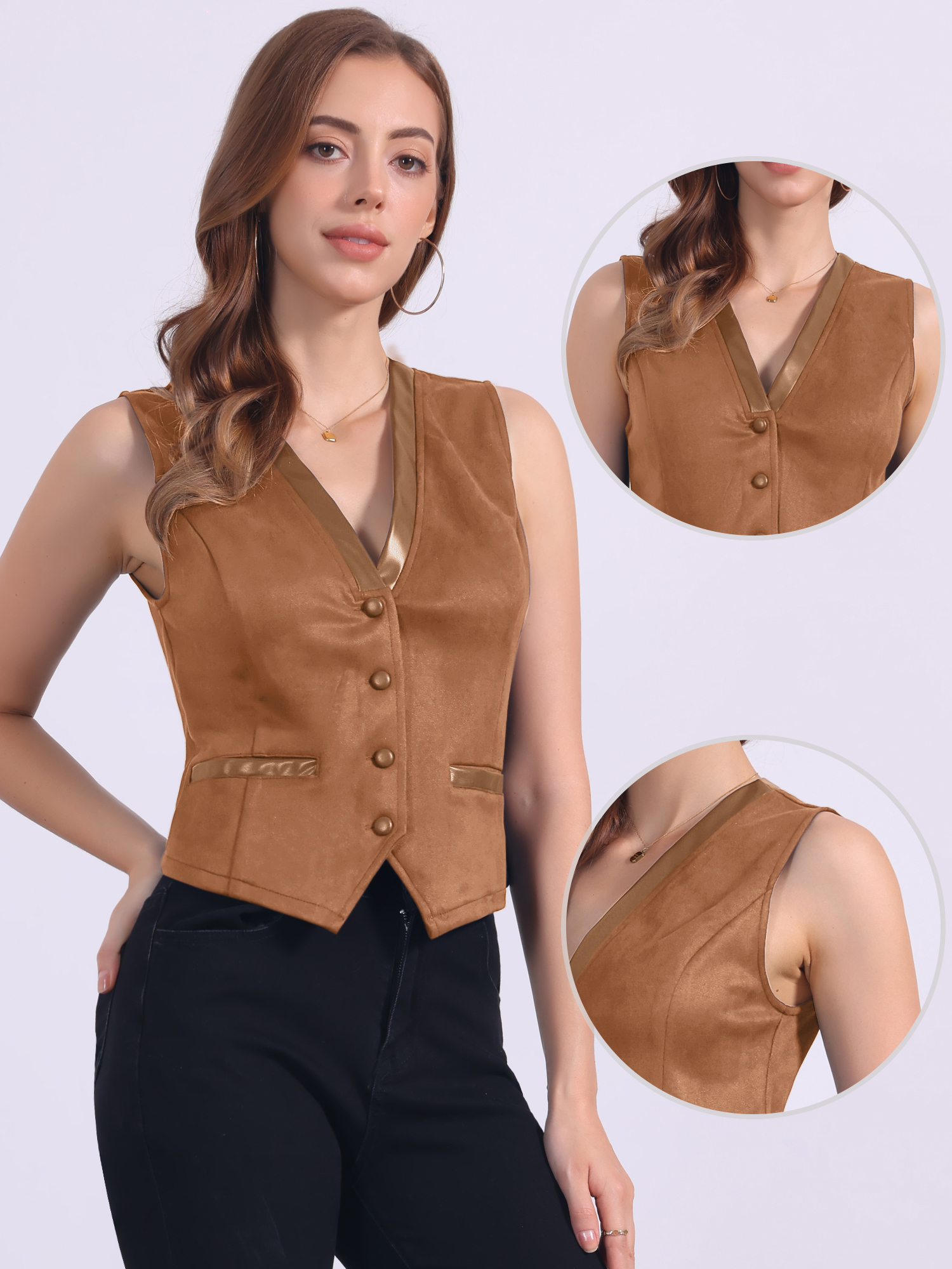 V Neck Faux Suede Button Down Vintage Sleeveless Casual Vest Dark Camel/XS