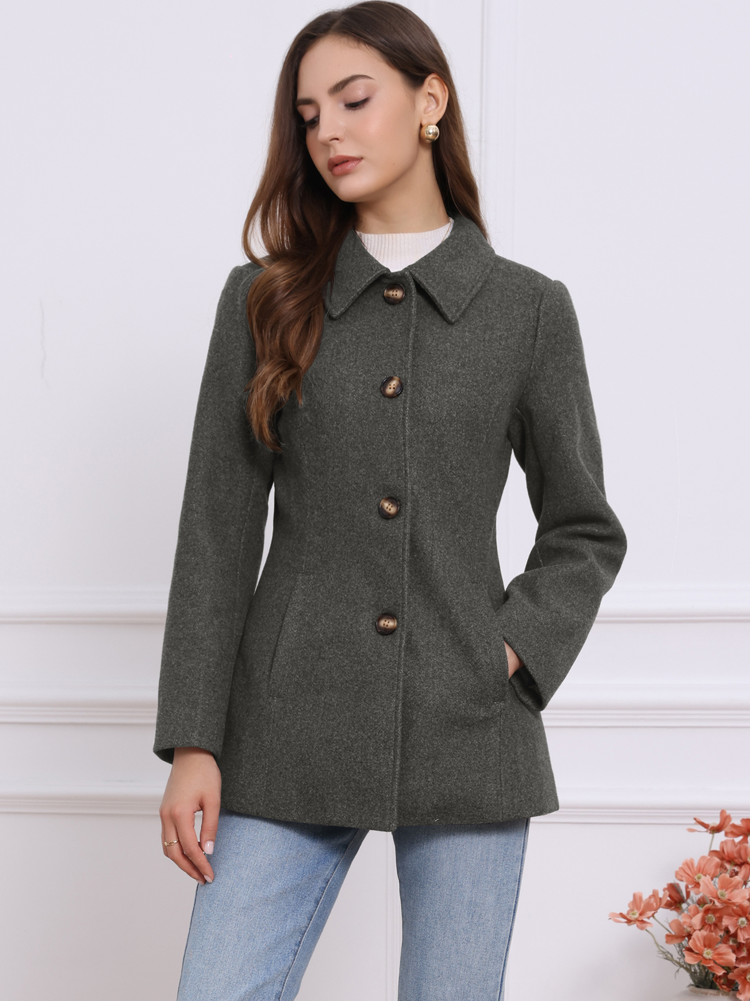 Work Office Winter Overcoat Single Breasted Point Collar Pea Coat Dark Gray/L