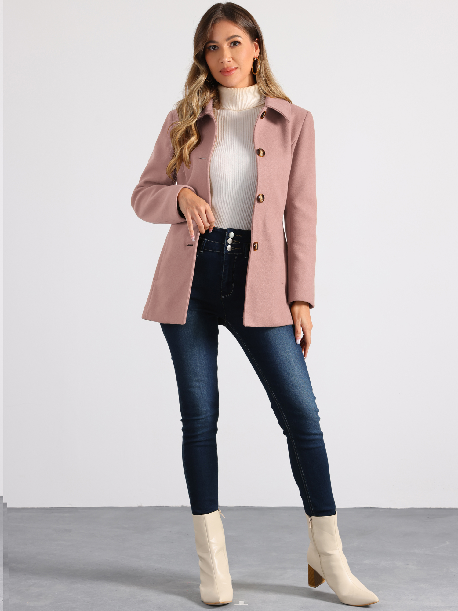 Work Office Winter Overcoat Single Breasted Point Collar Pea Coat Pink/S