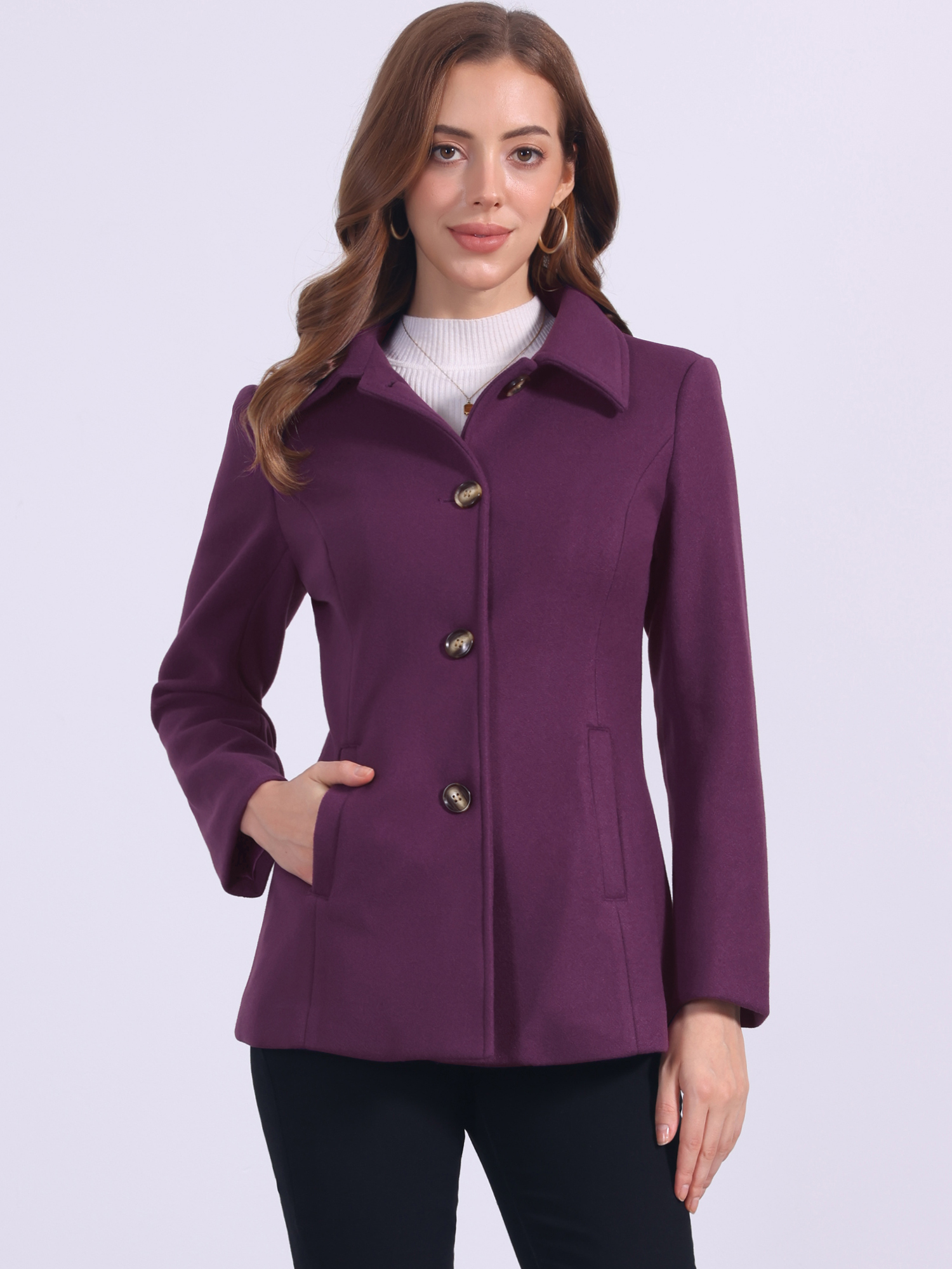 Work Office Winter Overcoat Single Breasted Point Collar Pea Coat Dark Purple/XL