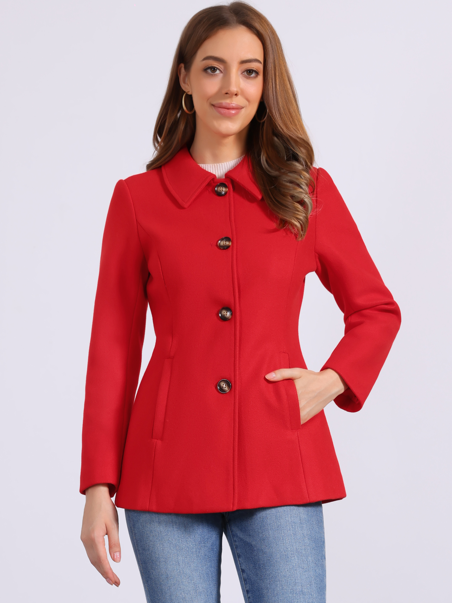 Work Office Winter Overcoat Single Breasted Point Collar Pea Coat Bright Red/M