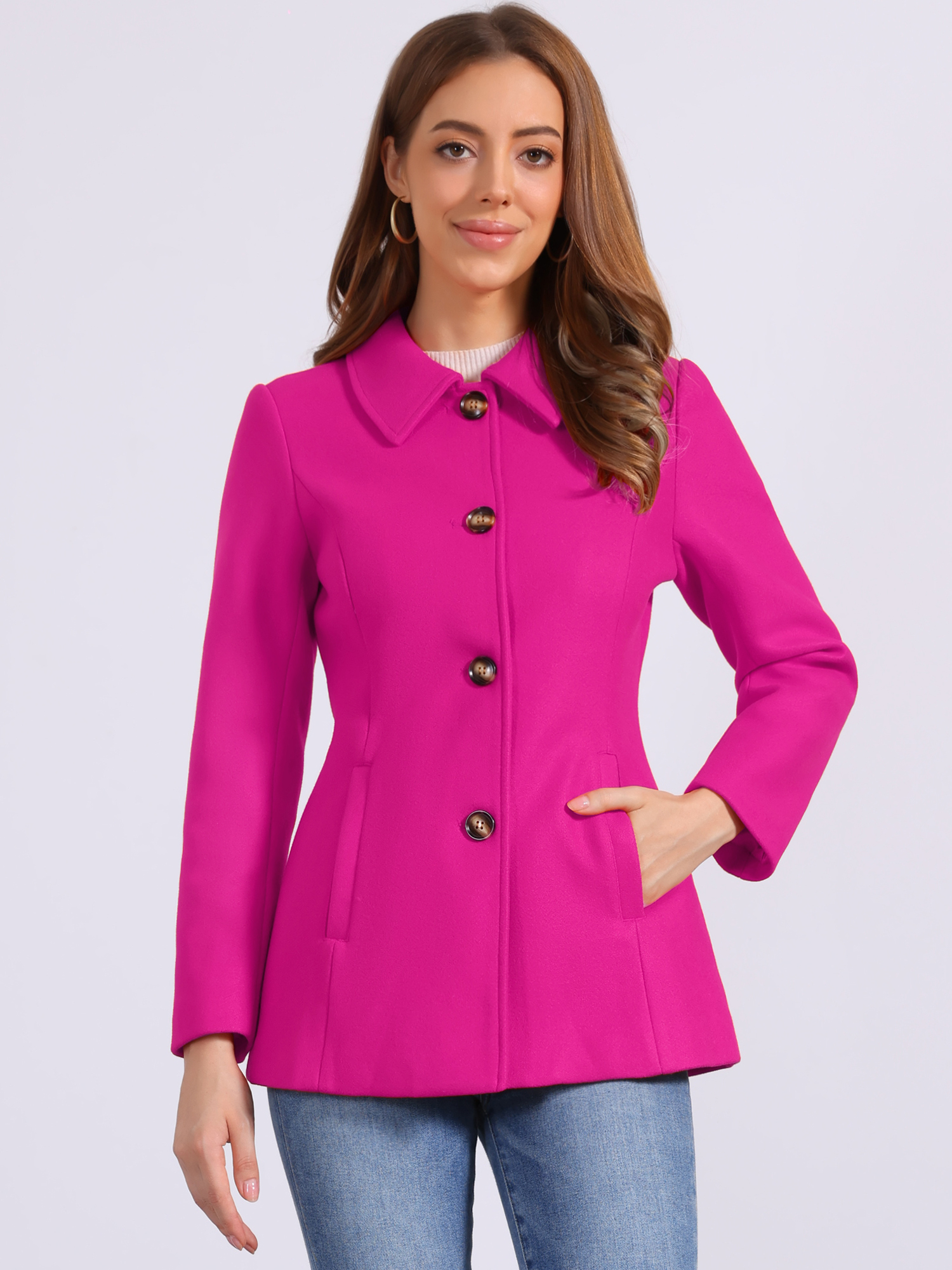 Work Office Winter Overcoat Single Breasted Point Collar Pea Coat Hot Pink/XS