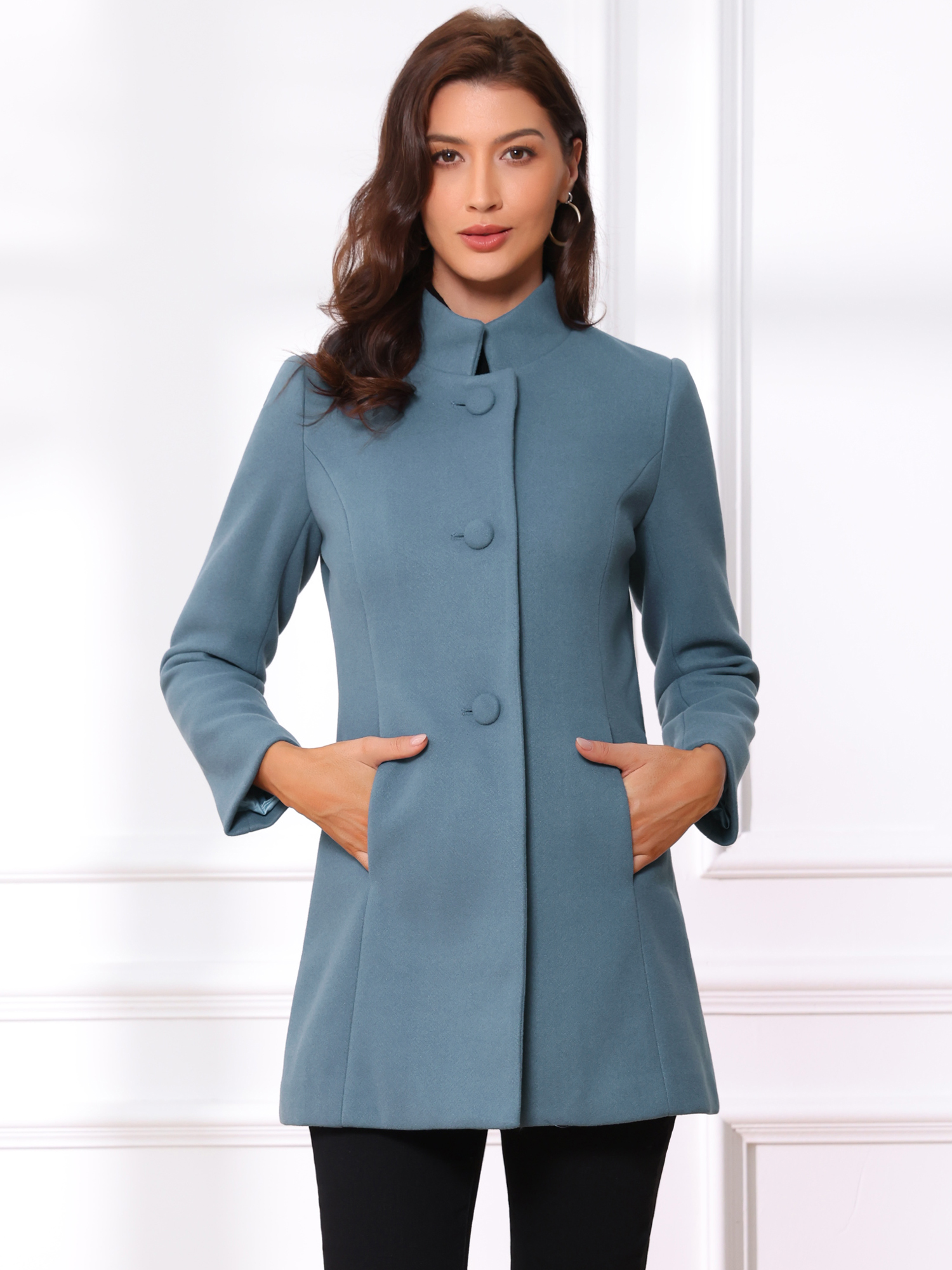 Stand Collar Single Breasted Solid Color Pea Coat Grey Blue/S