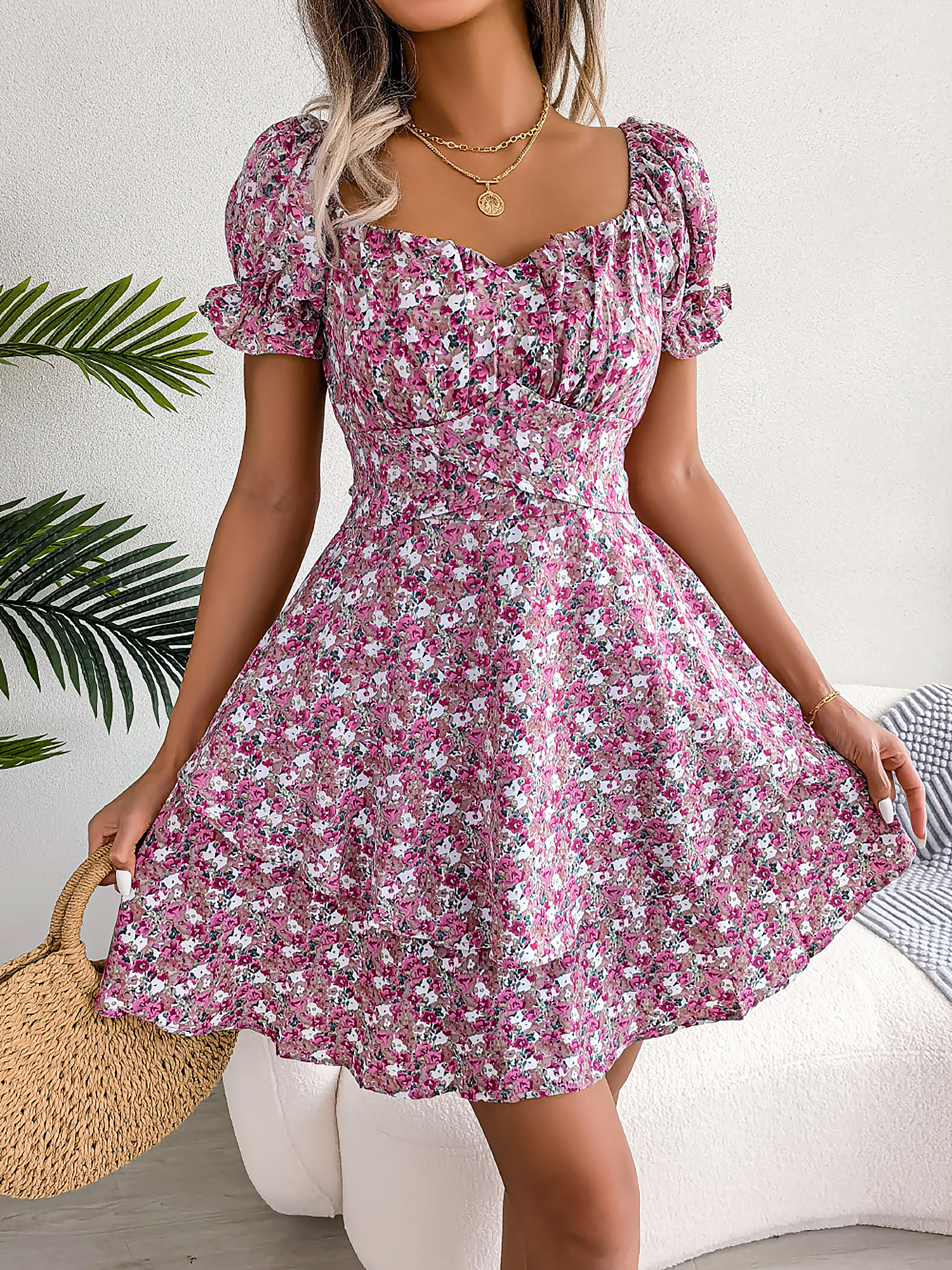 Floral Puff Sleeves Lace-Up Ruffled Mini Dress Red/L