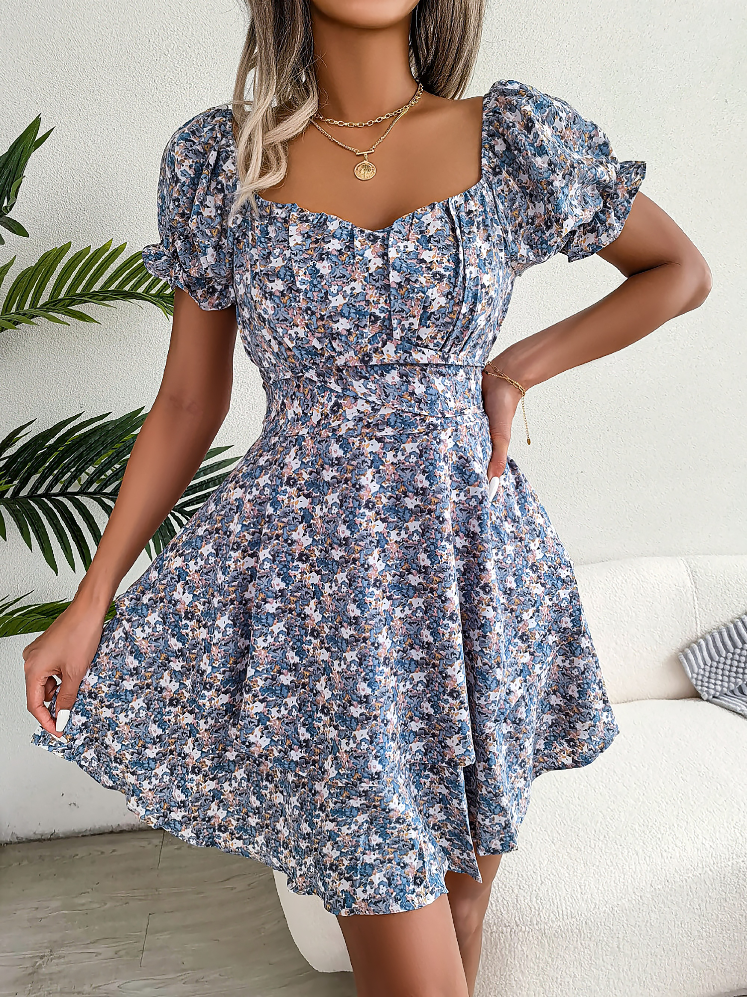 Floral Puff Sleeves Lace-Up Ruffled Mini Dress Blue/L