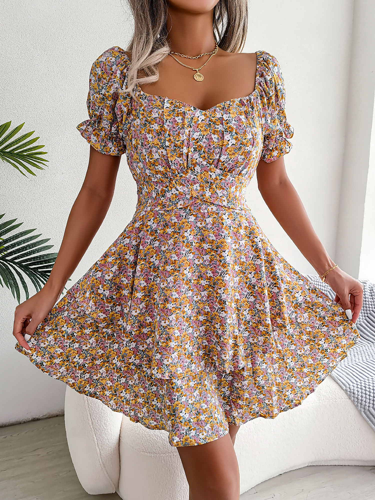 Floral Puff Sleeves Lace-Up Ruffled Mini Dress Yellow/M
